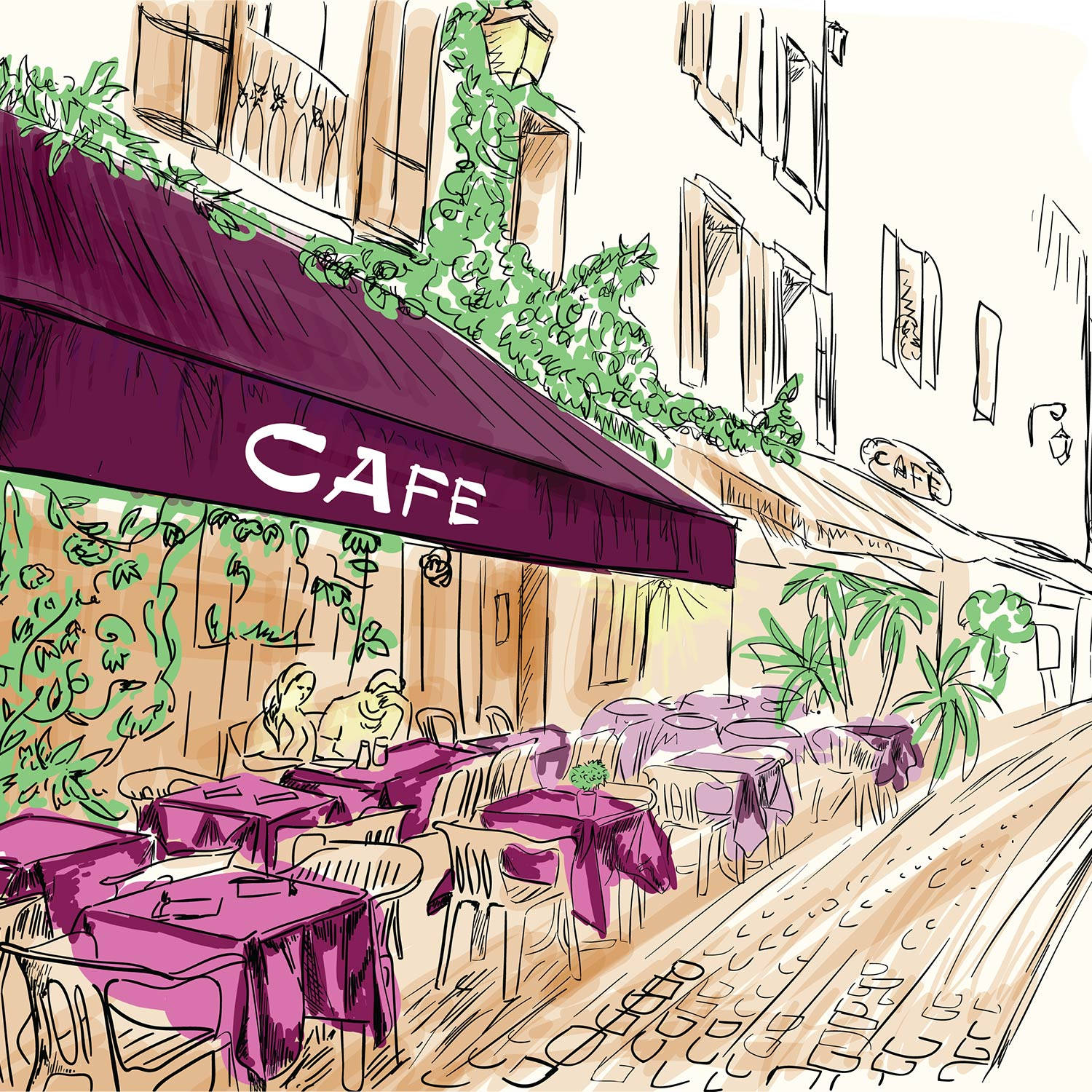 sketch 桌布 壁紙 — 迷人的街頭咖啡館，紫色遮陽篷和桌布，坐落在常春藤覆蓋的建築物之間。