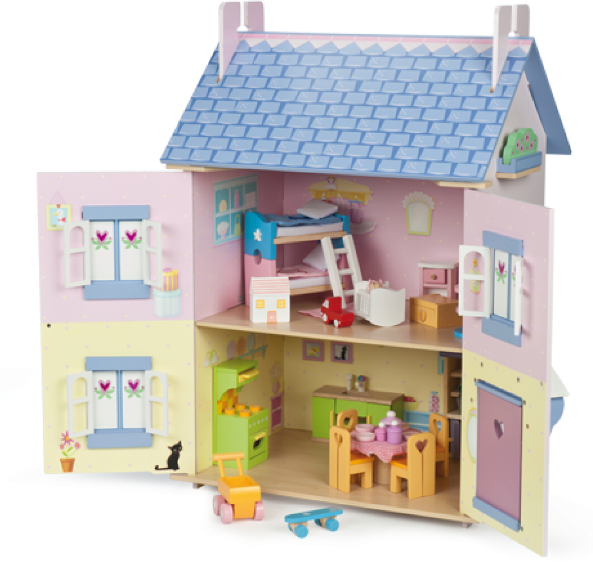 Toy 桌布 壁紙 — 迷人的開放式娃娃屋，配有粉彩粉紅和黃色牆壁、藍色屋頂，以及詳細的微型家具，包括雙層床、廚房和餐桌套裝。