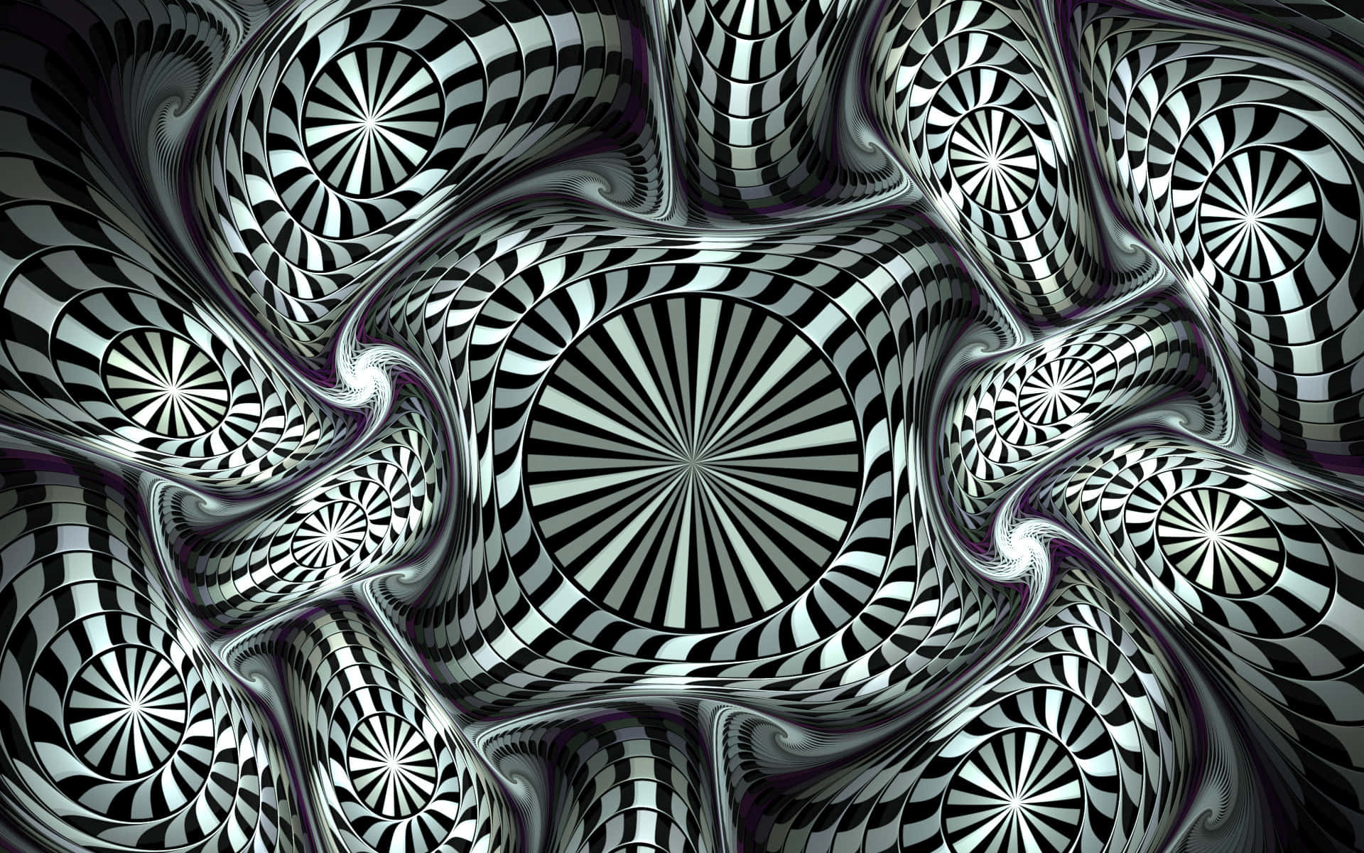 抽象 桌布 壁紙 — 迷人的黑白錯視效果，帶有旋轉放射狀圖案和光澤紫色點綴，營造出催眠般的3D隧道效果。