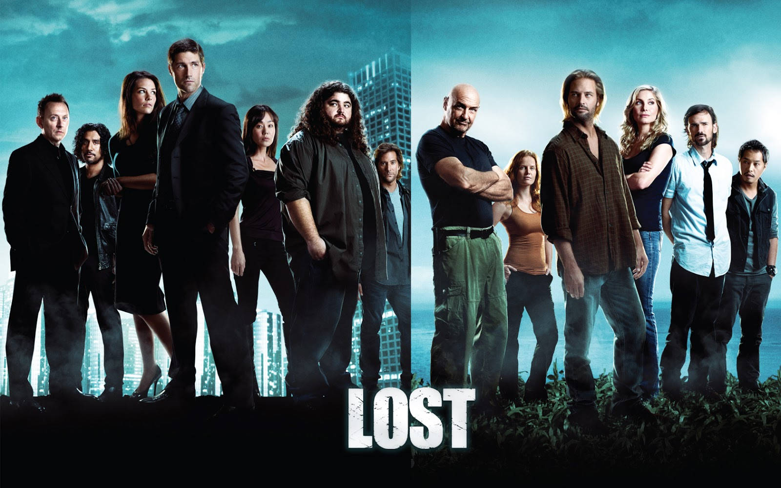 lost 桌布 壁紙 — 《迷失》的演員分成兩組，以分裂的城市景觀和叢林為背景，在憂鬱的青綠色天空下站立。