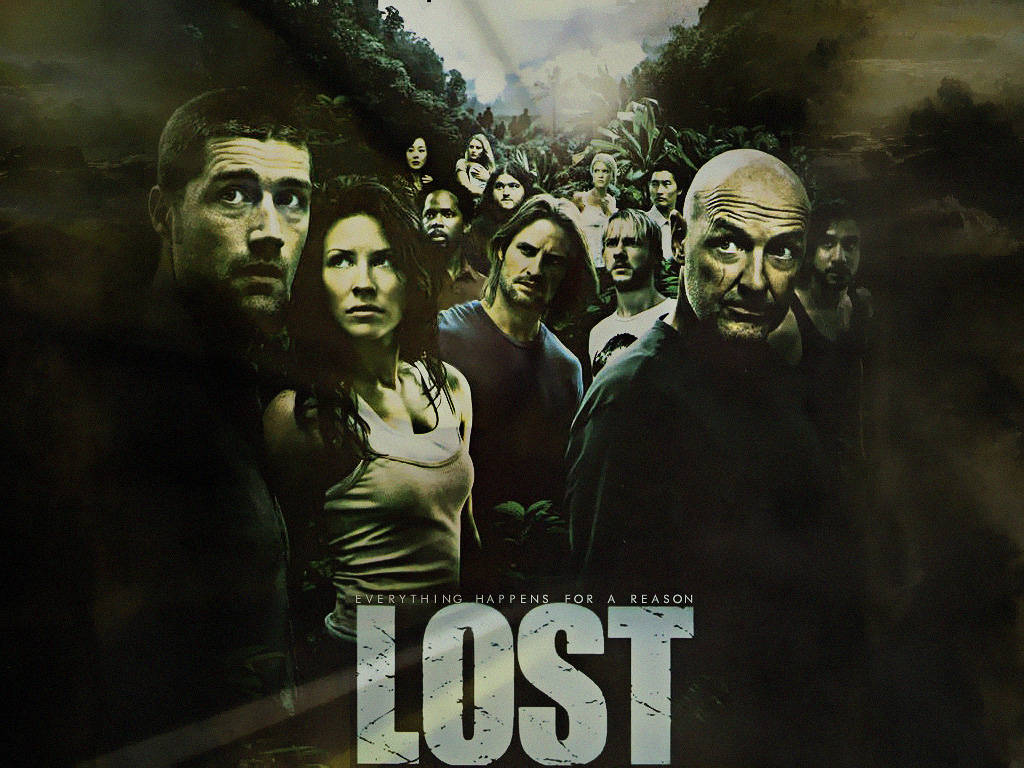 lost 桌布 壁紙 — 《迷失》電視劇演員在叢林背景下凝視的戲劇性群像，標題顯眼地展示。