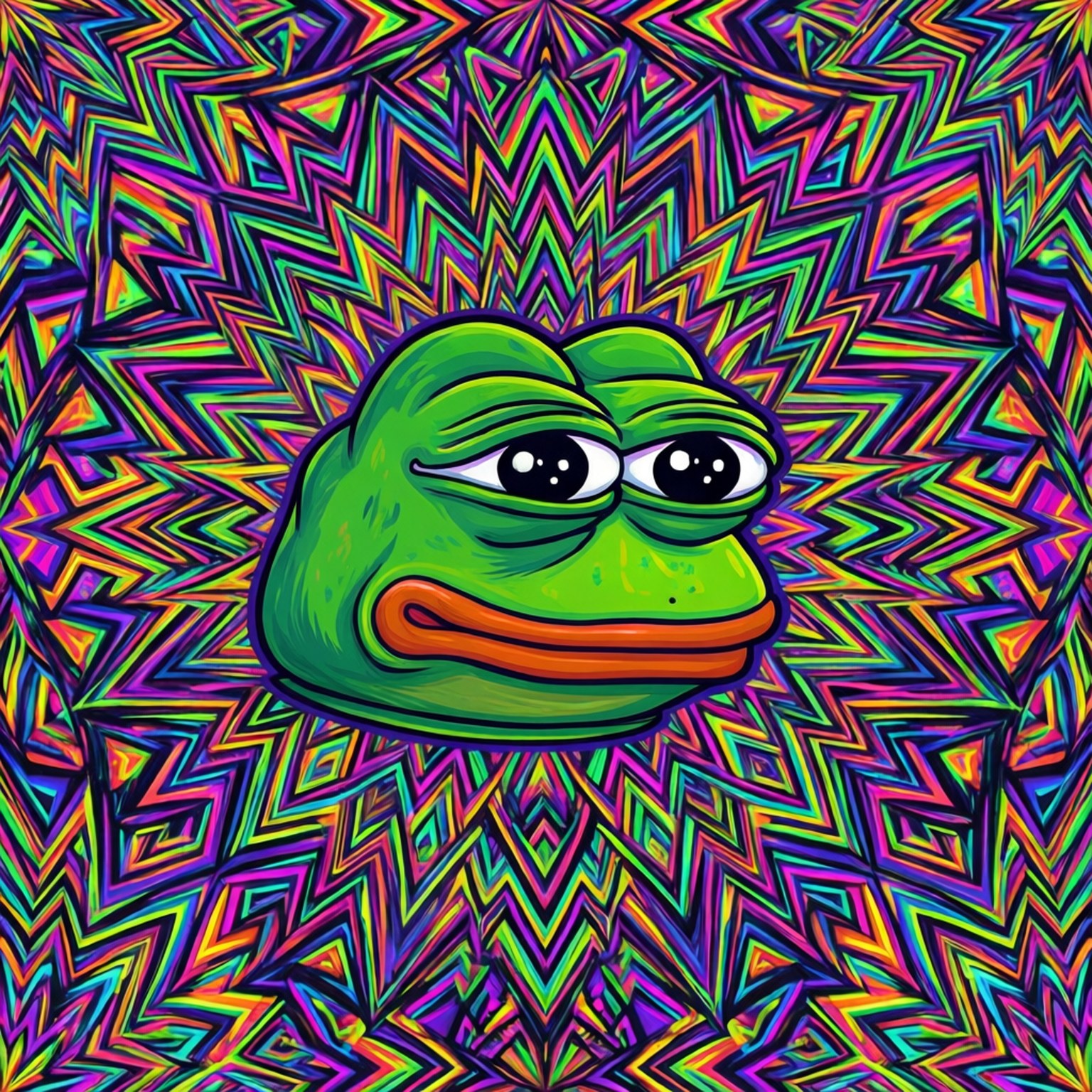 迷幻佩佩蛙圖案 壁紙 — 一個綠色卡通青蛙臉，有下垂的眼睛和橙色嘴巴，位於迷幻的鋸齒彩虹色萬花筒中央。