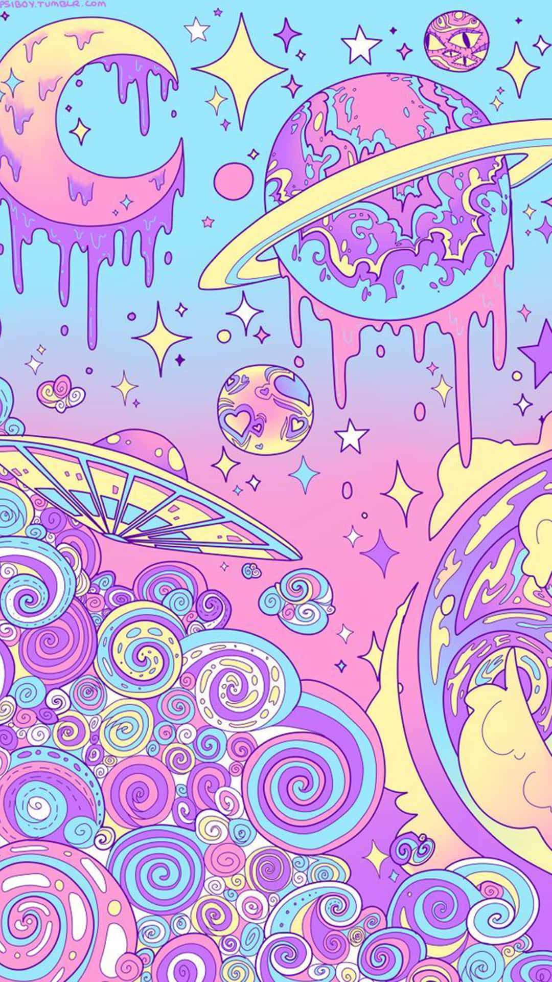 幽浮 桌布 壁紙 — 迷幻宇宙場景，帶有融化中的行星、星星和螺旋，採用粉彩粉紅、紫色和藍色色調。