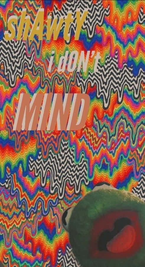 桌布 壁紙 — 迷幻彩虹波浪圖案，搭配粗體文字，底部有一隻綠色青蛙頭探出。