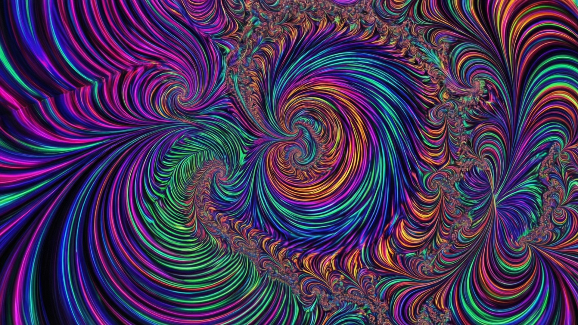 迷幻碎形 壁紙 — 充滿活力的迷幻霓虹色彩漩渦形成複雜的分形圖案，構成迷人的數位漩渦。