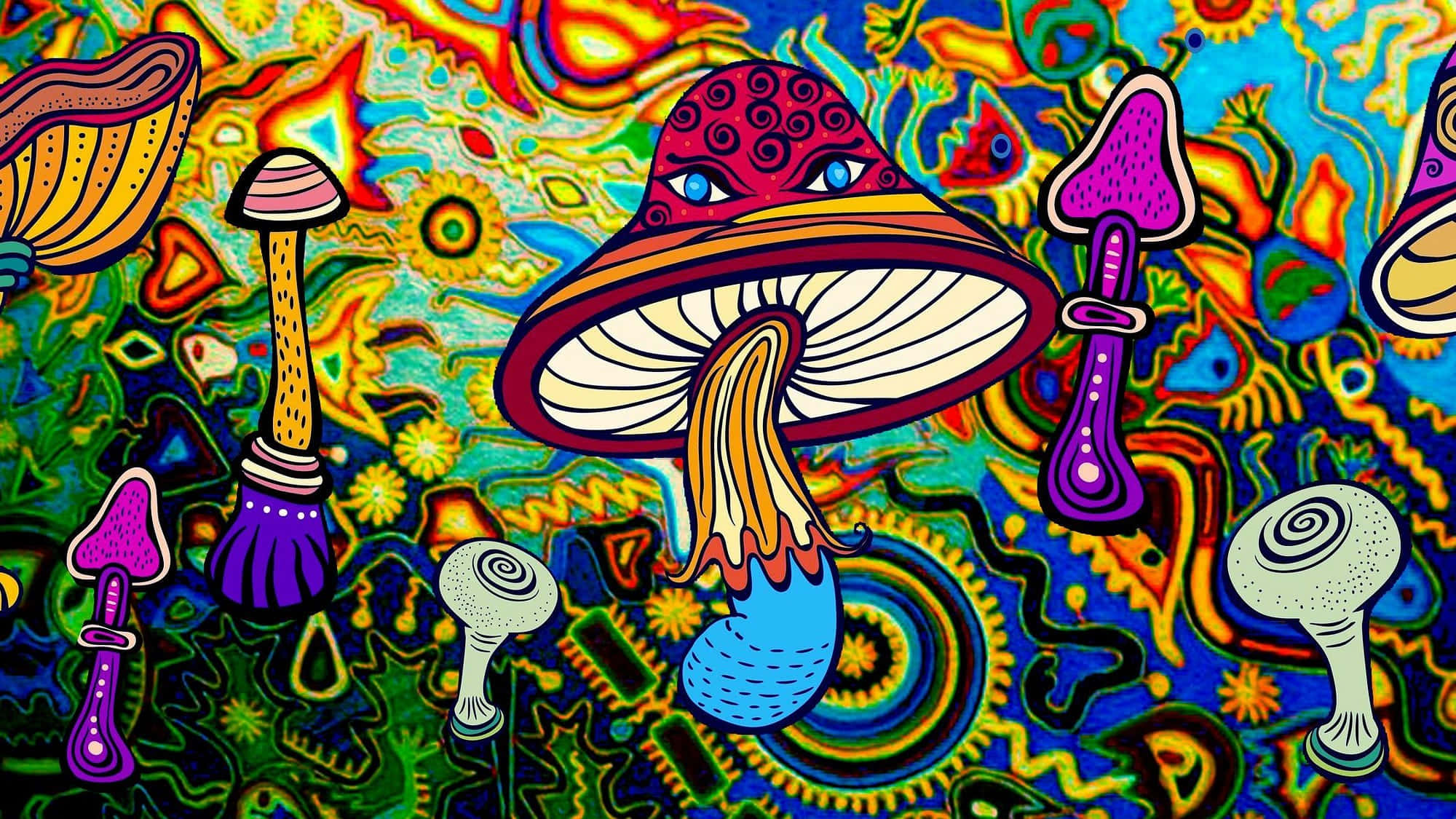 迷幻蘑菇與其他多彩物件在繽紛背景中 壁紙
