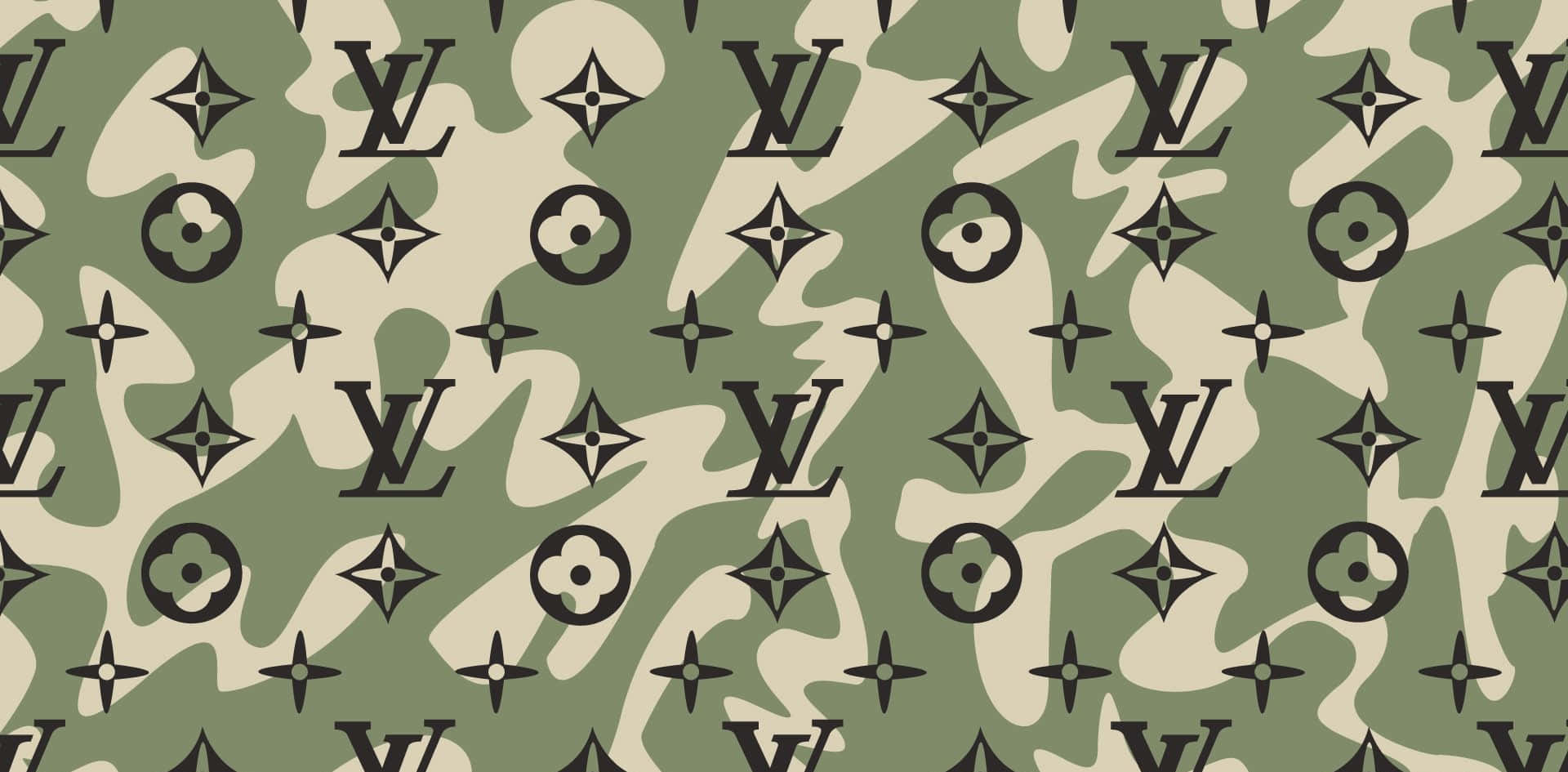 桌布 壁紙 — 迷彩圖案壁紙，重複呈現橄欖綠、米色和黑色的 Louis Vuitton 字母組合標誌。
