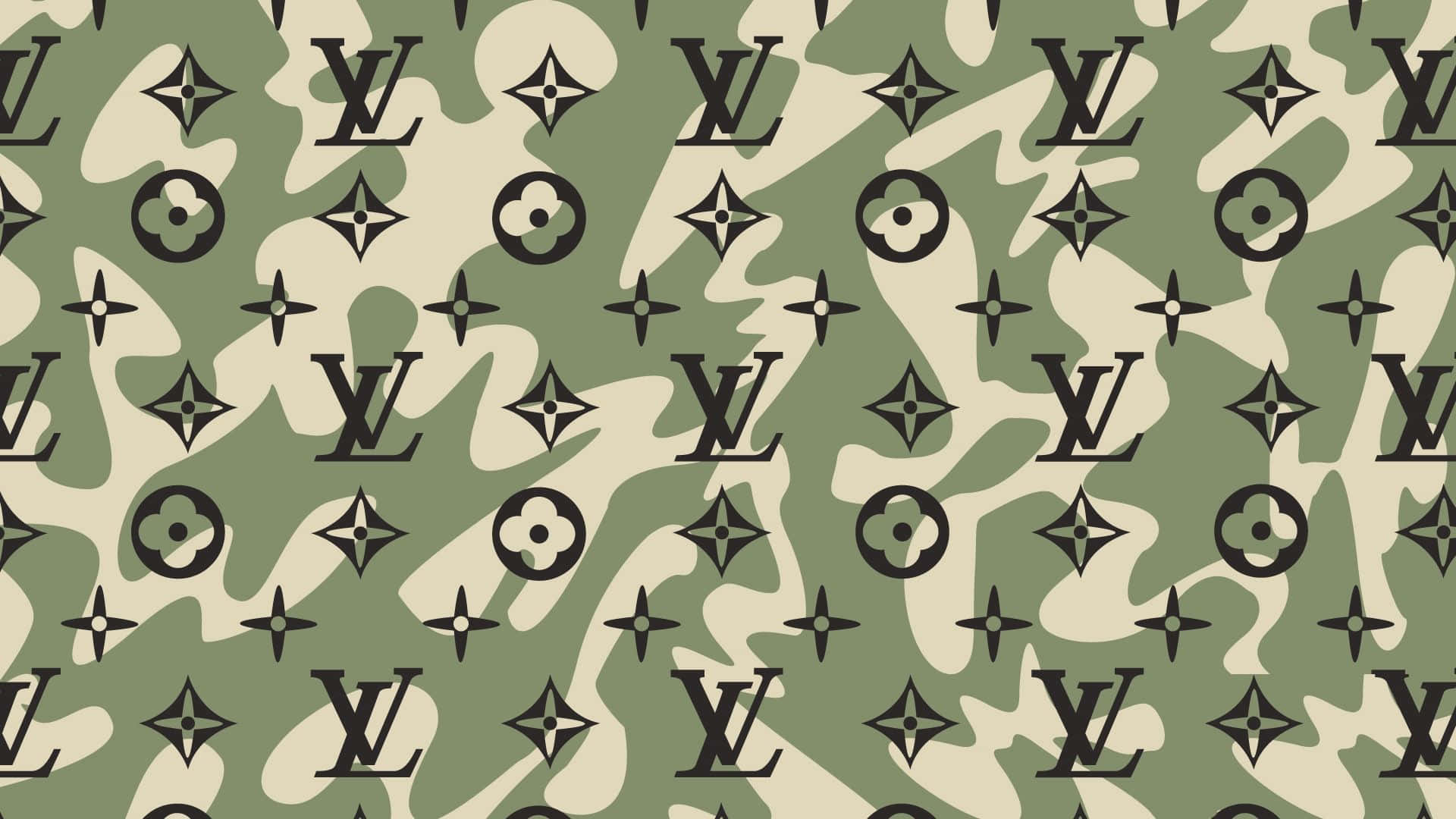 Louis Vuitton Pattern 桌布 壁紙 — 迷彩圖案壁紙，重複路易威登字母組合標誌，採用橄欖綠和米色色調。