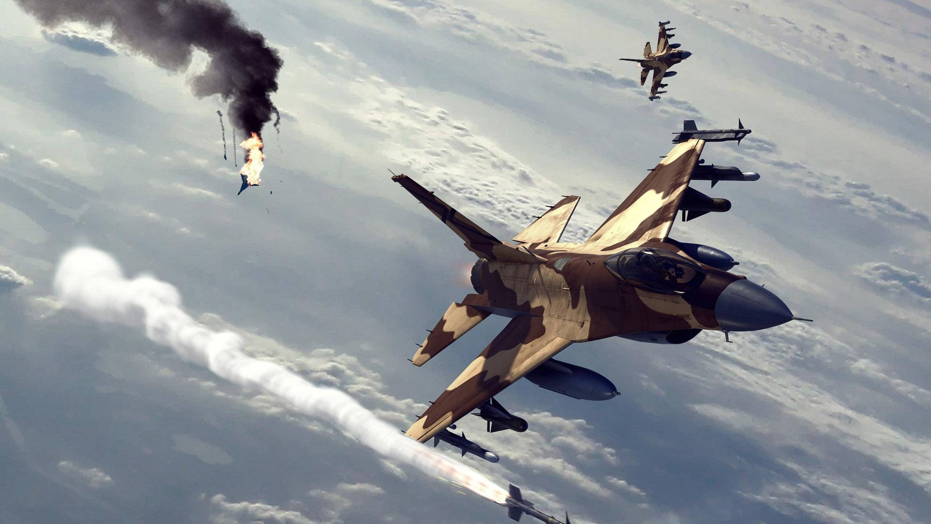 軍事動圖 桌布 壁紙 — 迷彩戰鬥機在陰雲密佈的天空中翱翔，其中一架因空中爆炸而拖曳著煙霧和火焰。