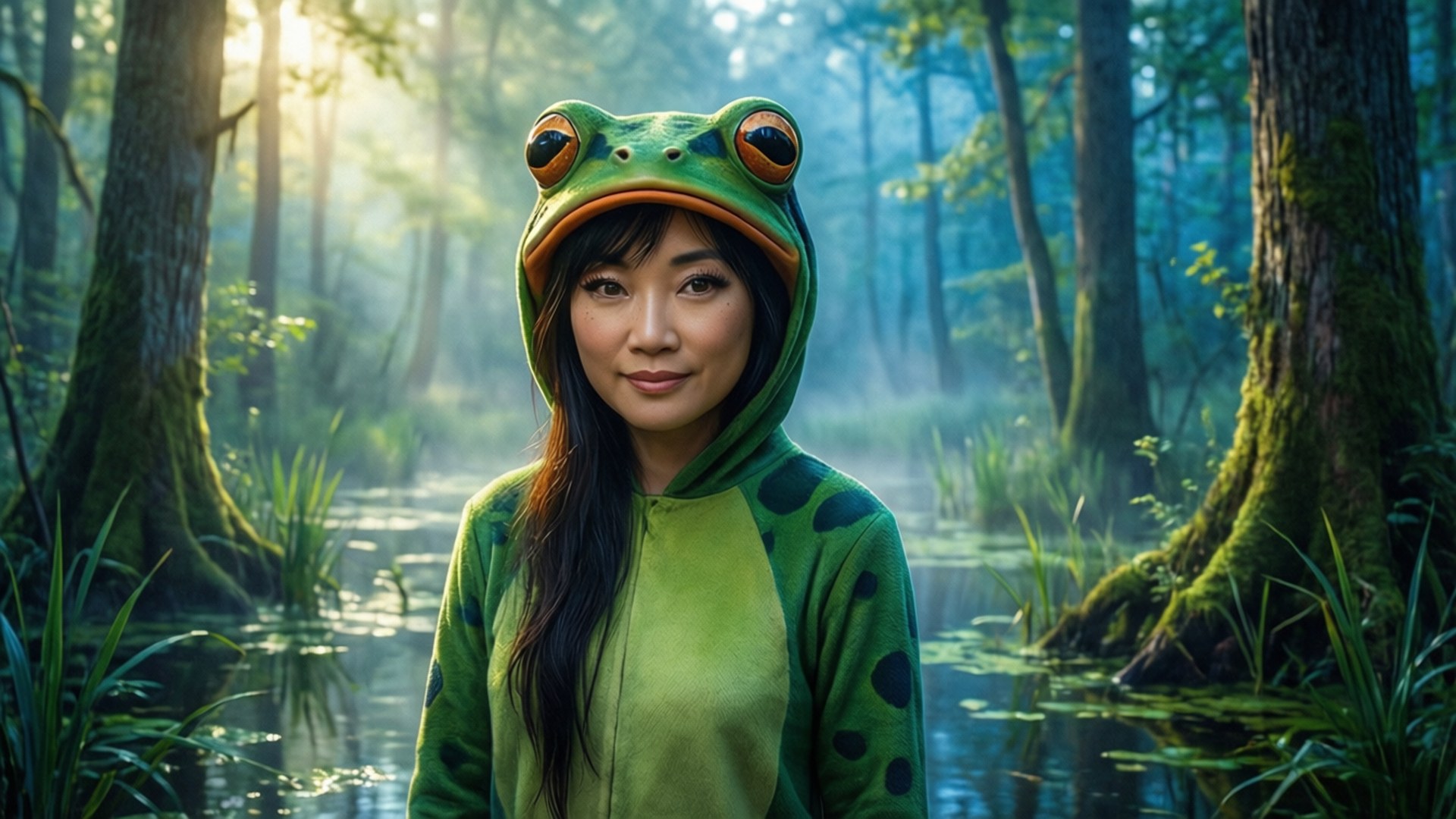 迷霧中的蛙蛙屯清晨 壁紙 — 一位穿著青蛙連體衣的女性，寧靜地站在一個霧氣瀰漫、陽光明媚的森林中，周圍有長滿苔蘚的樹木和一片平靜的沼澤。