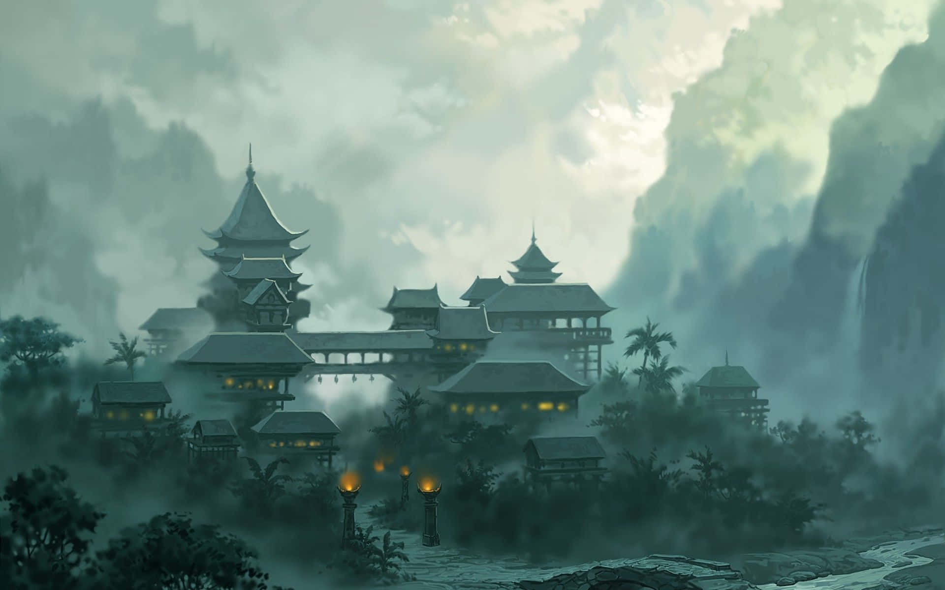 Asian 桌布 壁紙 — 迷霧山中的寺廟建築群，發光的燈籠點綴在叢林和瀑布之間，天空多雲。