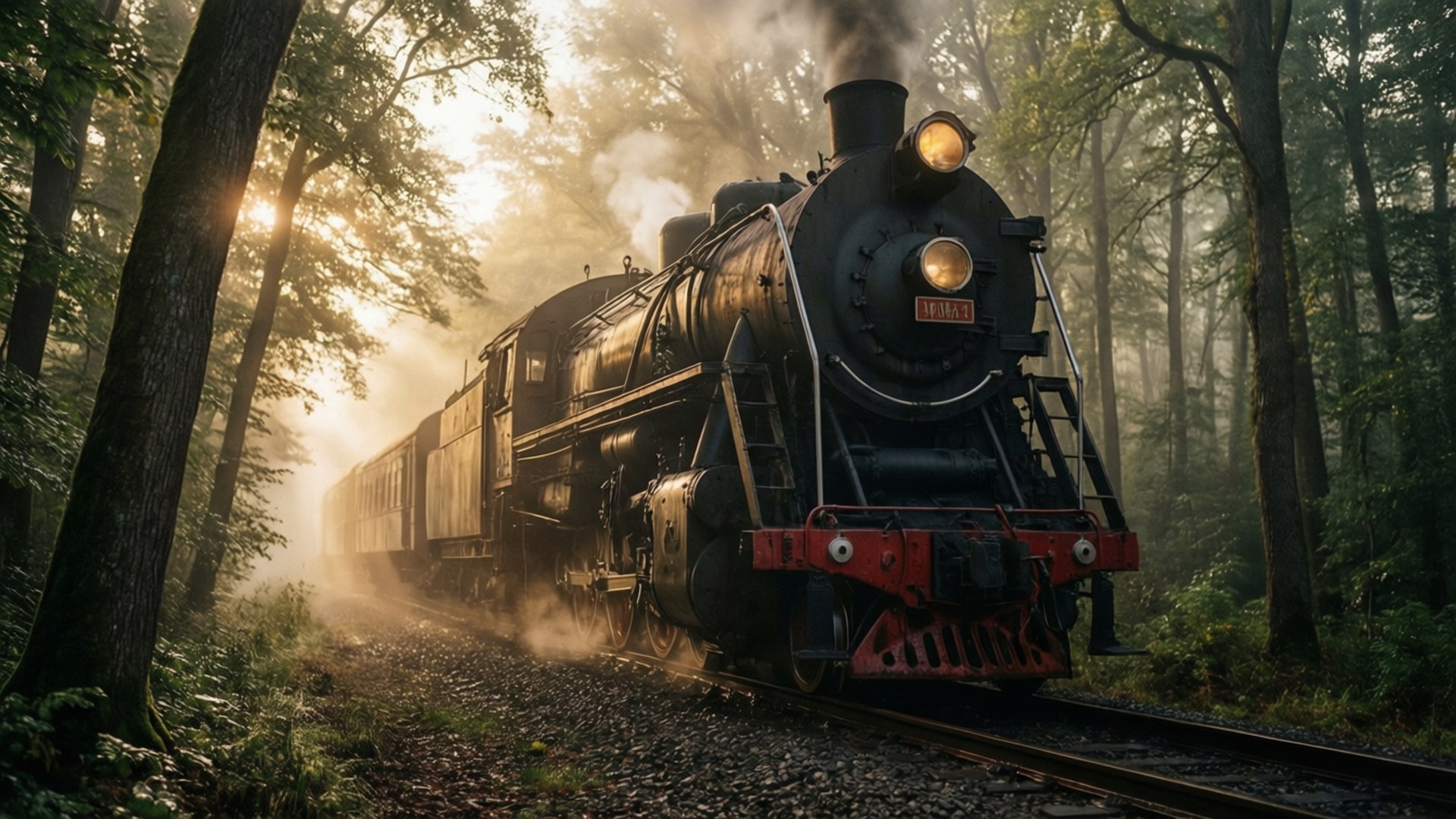 迷霧晨曦列車 壁紙 — 一輛帶有發光車頭燈的復古蒸汽火車穿過陽光斑駁的森林，沿著軌道行駛時煙霧滾滾。