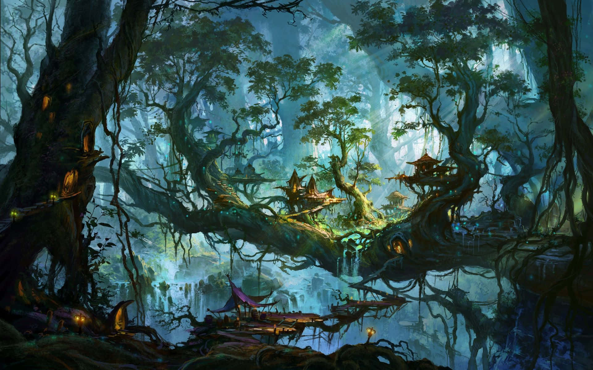 Enchanted Forest 桌布 壁紙 — 迷霧森林中，古老的樹木上閃耀著樹屋，倒映在平靜的水面上。