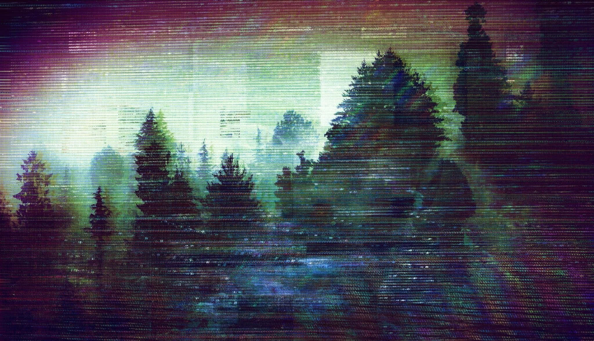 故障 桌布 壁紙 — 迷霧森林剪影，在故障極光天空下，帶有鮮豔的數位扭曲。