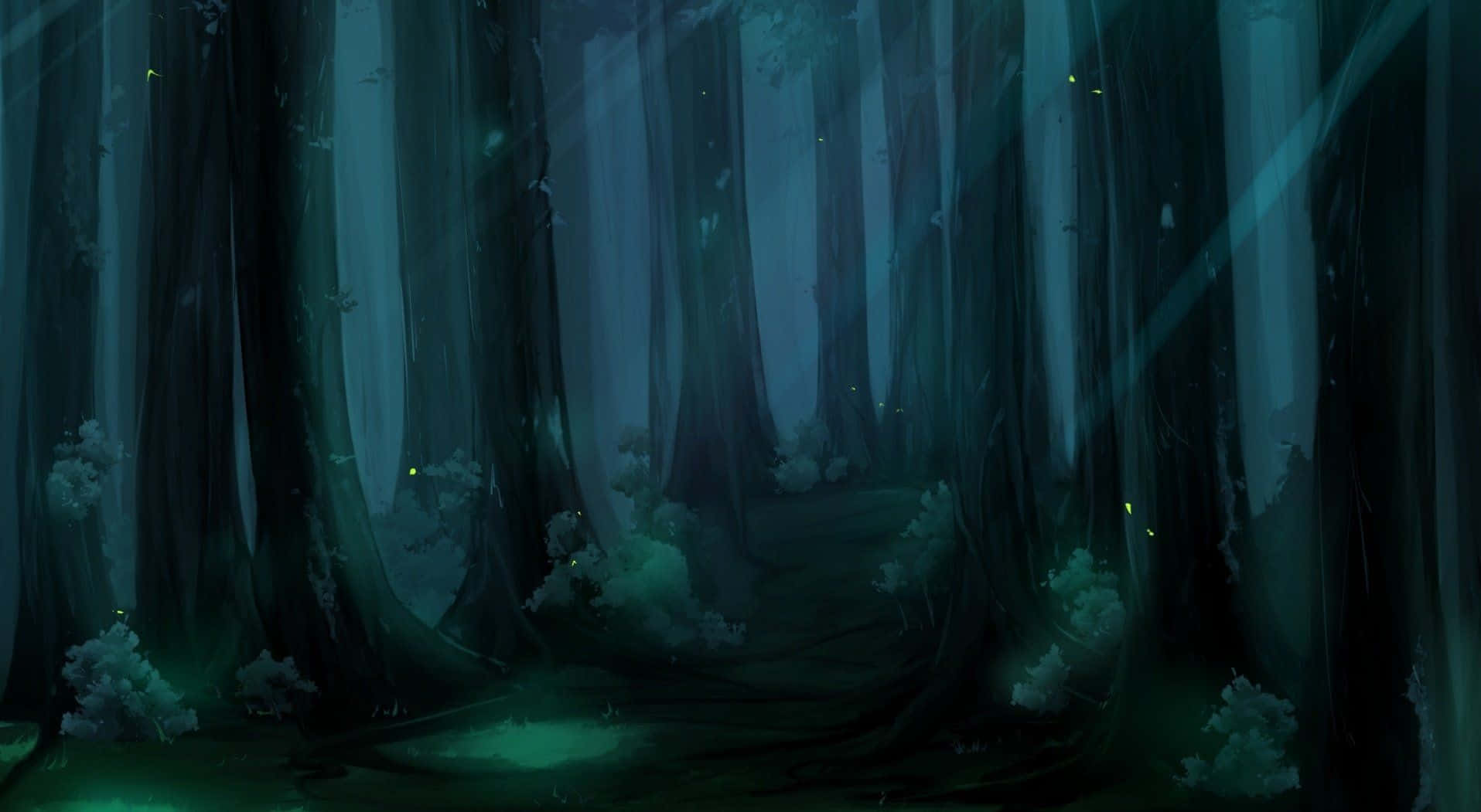 Anime Forest 桌布 壁紙 — 迷霧森林小徑沐浴在詭異的青綠色光芒中，發光的螢火蟲在參天古樹間飄蕩。