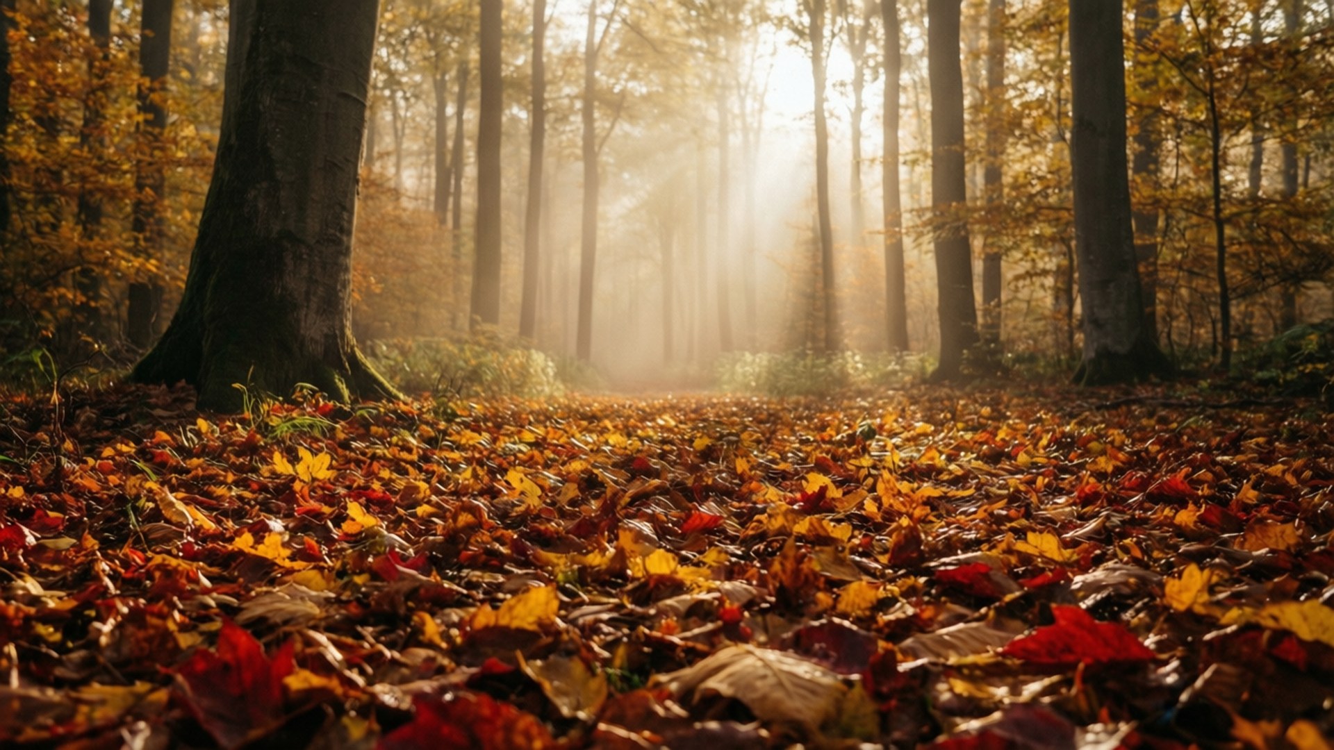 迷霧秋林晨曦 壁紙 — 陽光穿過高大的樹木，在鮮豔的紅色和黃色秋葉地毯上投射出金色的光芒。