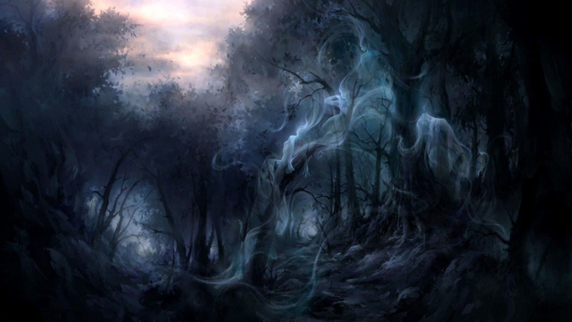 Anime Forest 桌布 壁紙 — 迷霧藍色靈魂在蒼白暮色天空下，於黑暗扭曲的森林中旋轉。