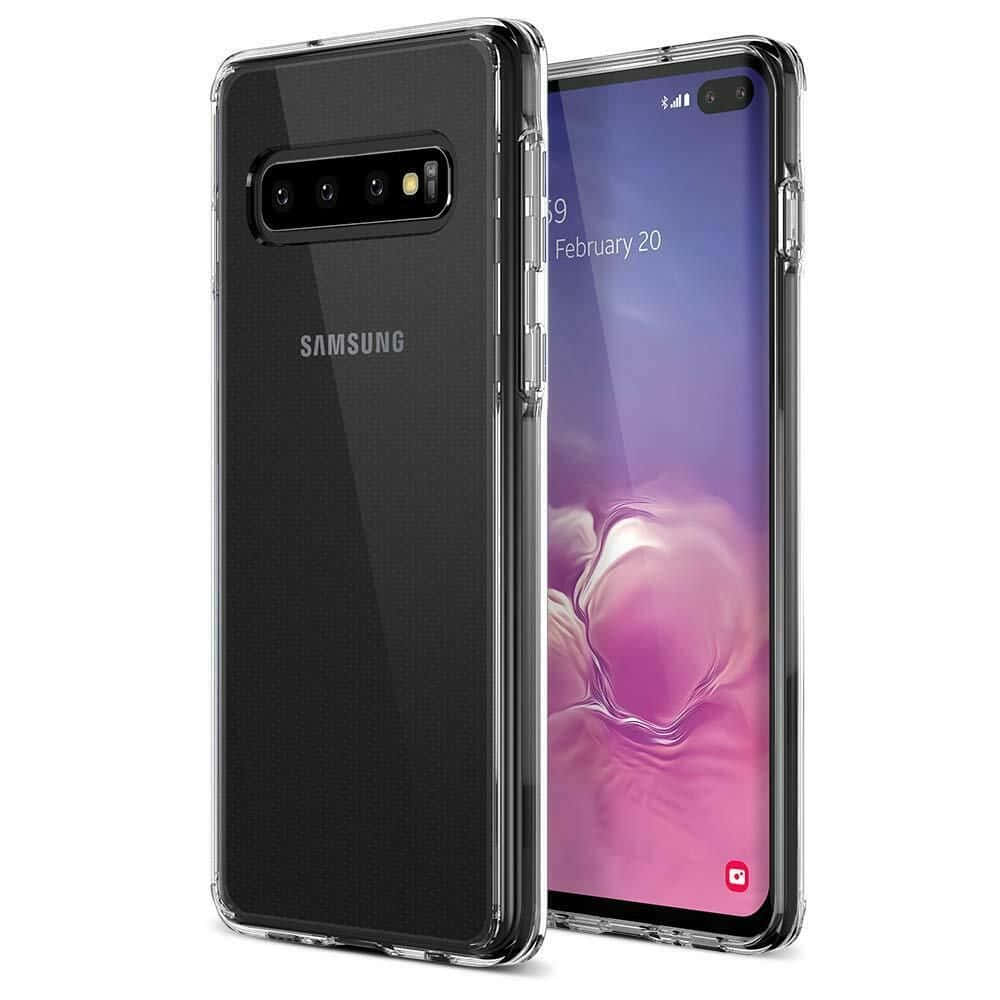 Galaxy S10 桌布 壁紙 — 透明保護殼展示了一部黑色Samsung Galaxy S10智慧型手機，其螢幕呈現鮮豔的紫色和粉紅色漸變效果。