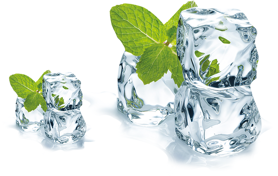 Ice Cubes 桌布 壁紙 — 透明冰塊和新鮮薄荷葉在純黑背景上閃爍，帶有融化的水痕。
