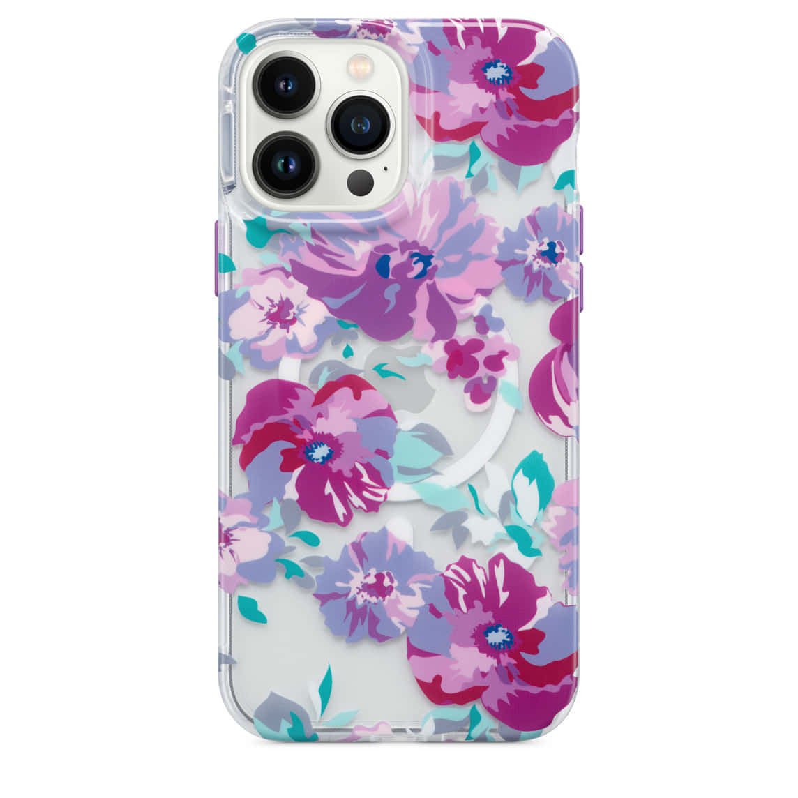 iPhone 美學 桌布 壁紙 — 透明手機殼，白色背景上飾有充滿活力的紫色、粉紅色和藍綠色花卉圖案。