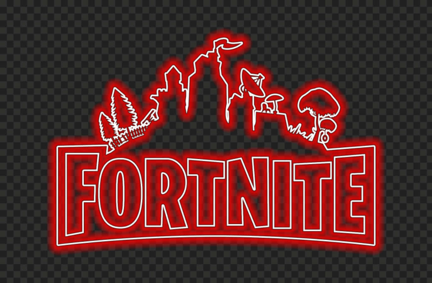 桌布 壁紙 — 透明方格背景上帶有發光輪廓的霓虹紅色Fortnite標誌。