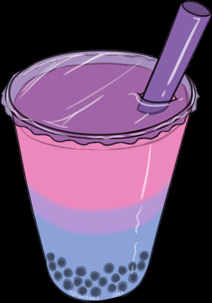 Boba Tea 桌布 壁紙 — 透明杯中充滿活力的漸層泡泡茶，配有紫色吸管和底部的木薯珍珠。