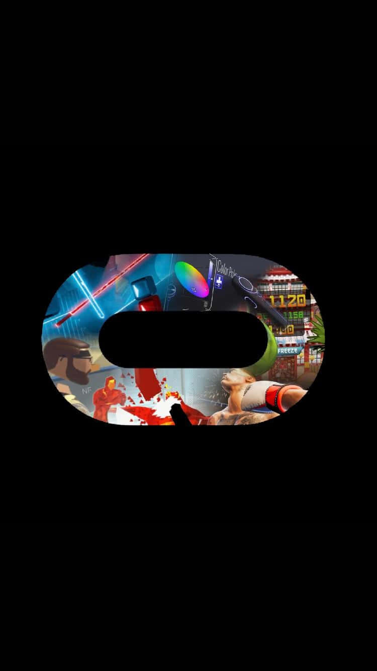 Oculus Quest 2 桌布 壁紙 — 透過VR頭戴式顯示器觀看的充滿活力的數位藝術場景，展示一個霓虹燈照亮的格鬥遊戲，帶有色彩繽紛的角色和發光效果。