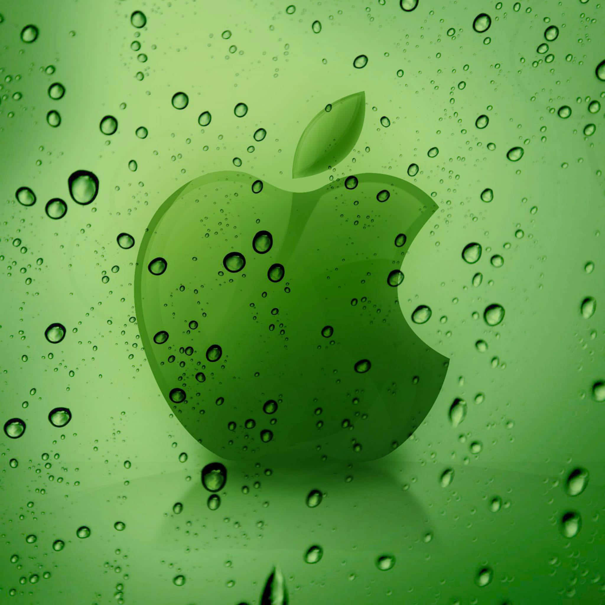 蘋果標誌 桌布 壁紙 — 透過佈滿雨點的窗戶看到的綠色Apple標誌，帶有柔和漸變背景。