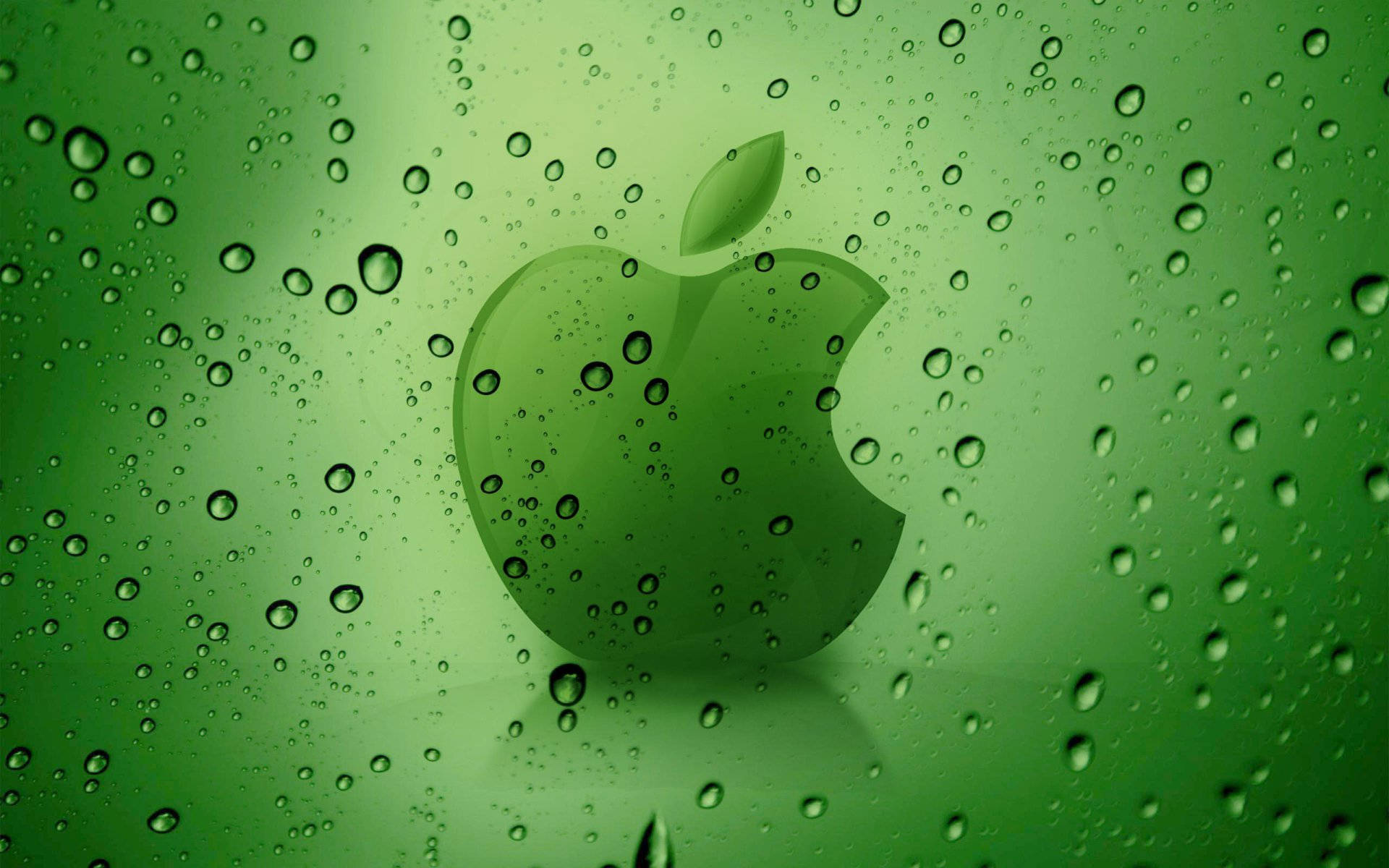 桌布 壁紙 — 透過佈滿雨點的窗戶看到綠色Apple標誌，背景為柔和漸變色。