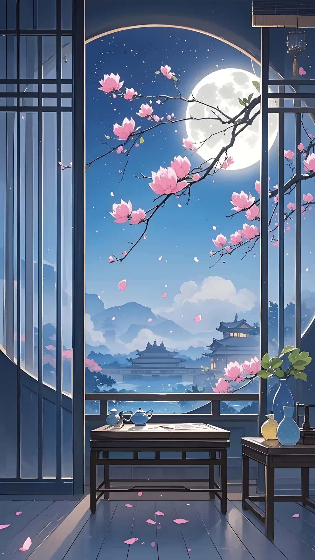 Moonlit Night & Blossoms: Chinese - Style Serene Wallpaper 壁紙 — 透過傳統窗戶欣賞寧靜的夜景，粉紅色的花朵框住遠處寶塔上的滿月。