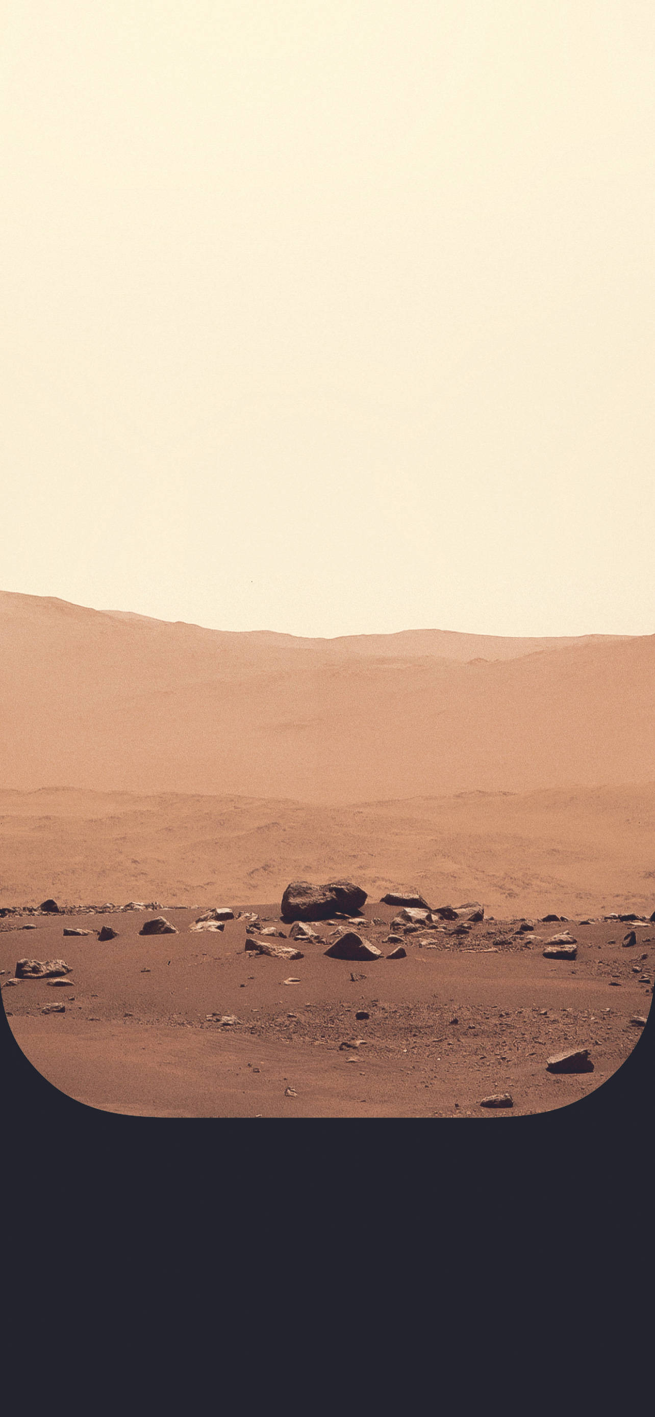 Mars iPhone 桌布 壁紙 — 透過圓形窗框看到的廣闊紅色火星景觀，散落著岩石，天空朦朧。