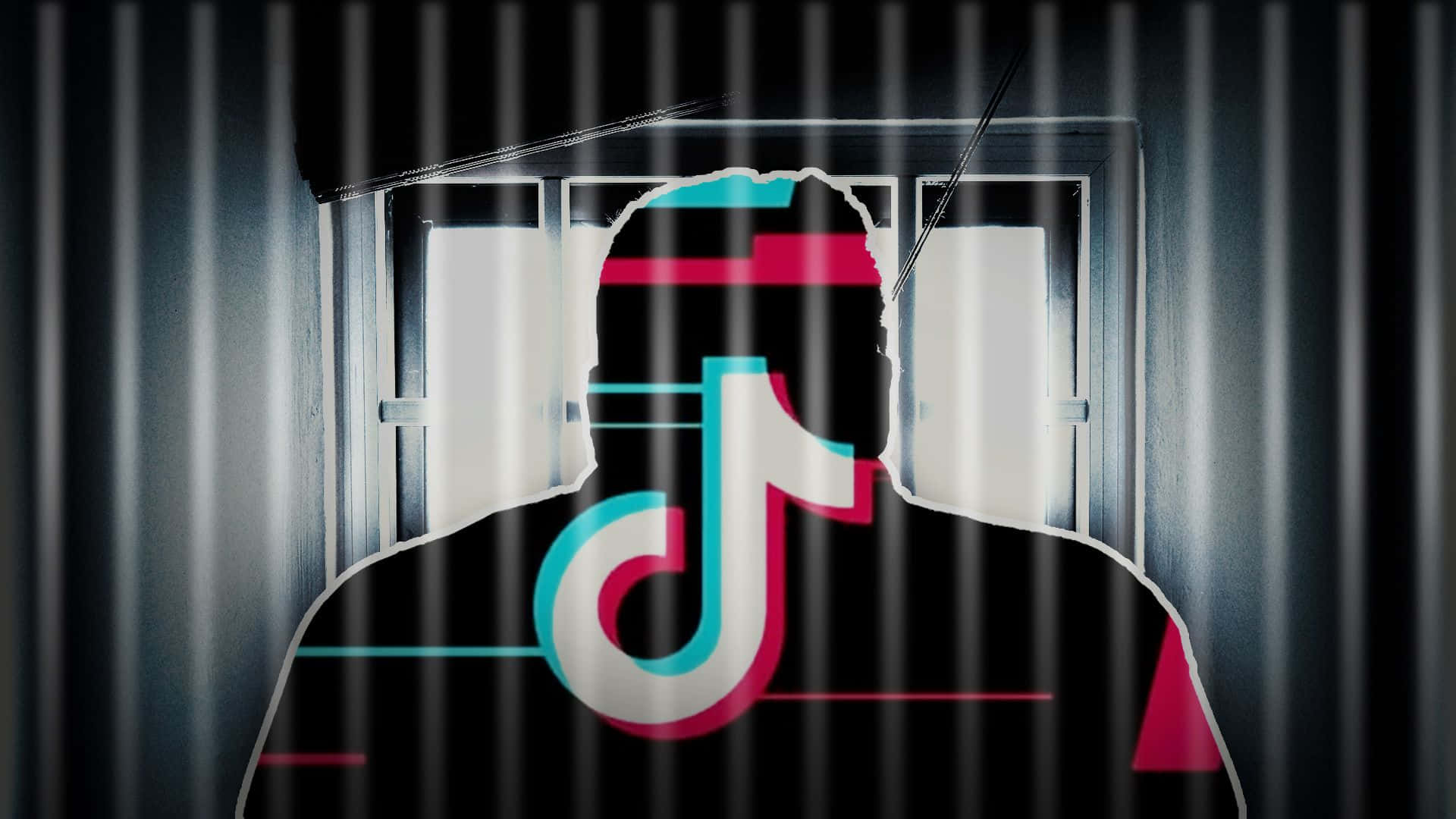TikTok Symbol 桌布 壁紙 — 透過垂直欄杆看到的人物剪影，TikTok 標誌疊加在他們的頭上。