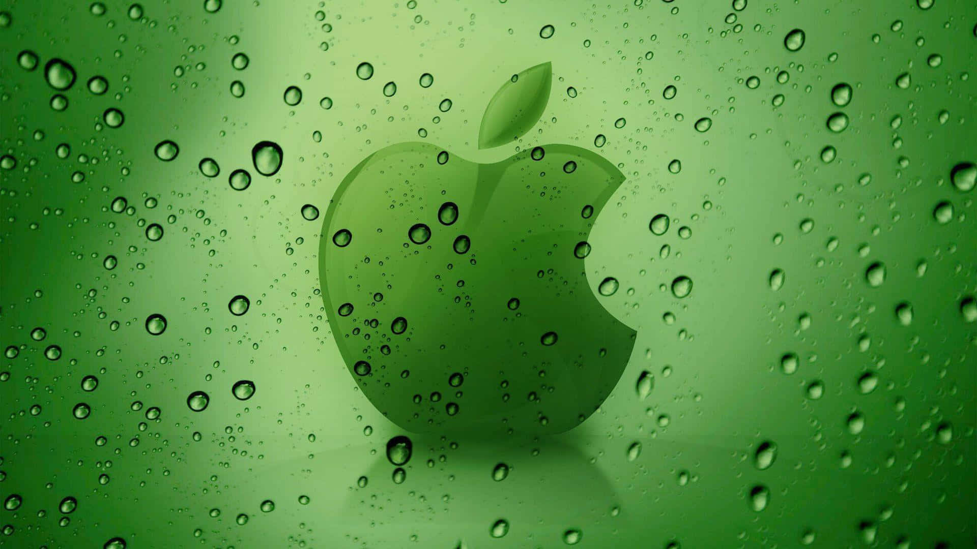 標誌 桌布 壁紙 — 透過帶有雨點的窗戶看到的綠色Apple標誌，背景為柔和漸變色。