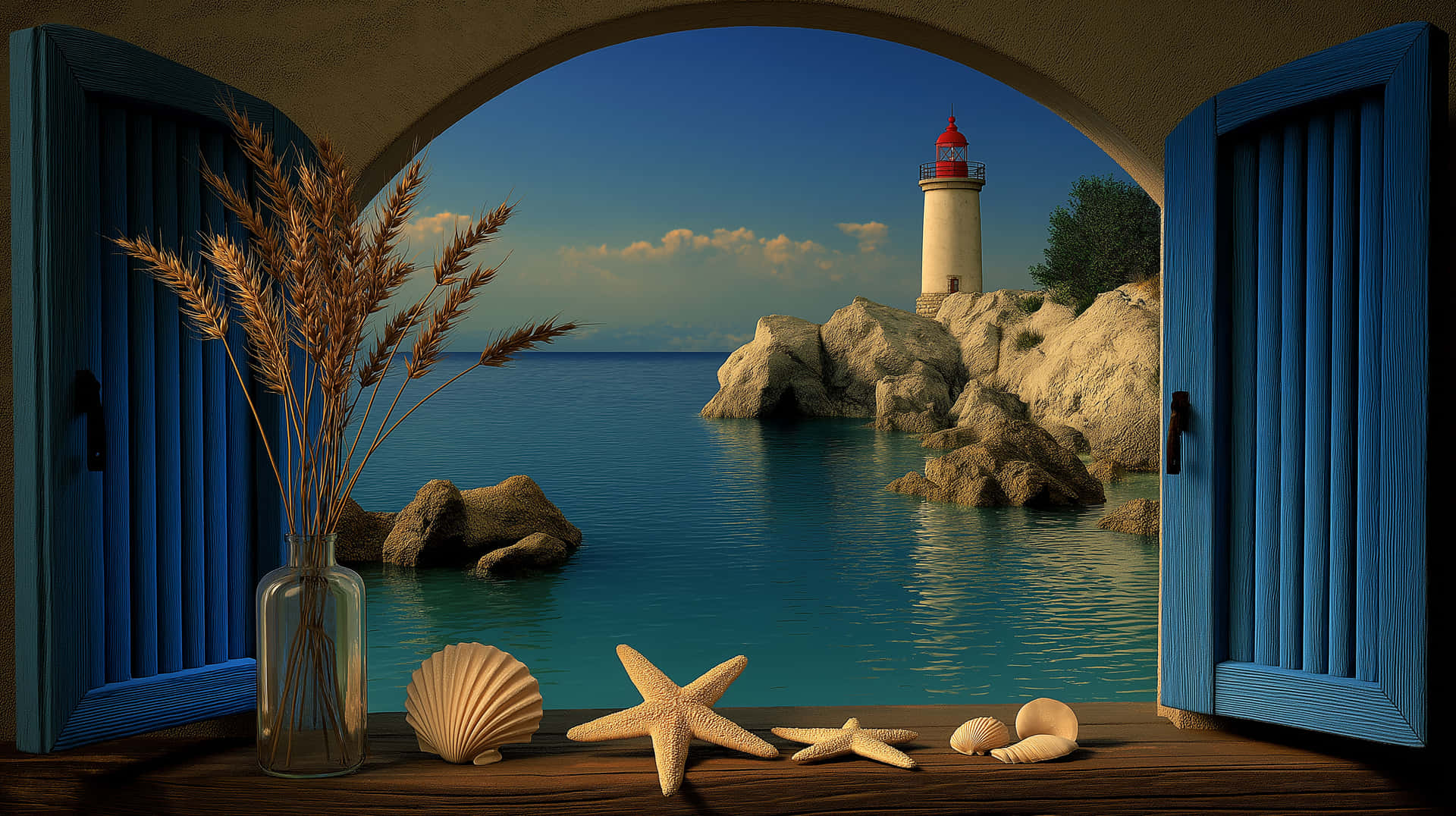Archway Window Overlooking Coastal Lighthouse and Tranquil Sea 壁紙 — 透過打開的藍色百葉窗，可以看到岩石海岸上的燈塔、平靜的碧綠海水，以及木窗台上的麥稈、貝殼和海星。