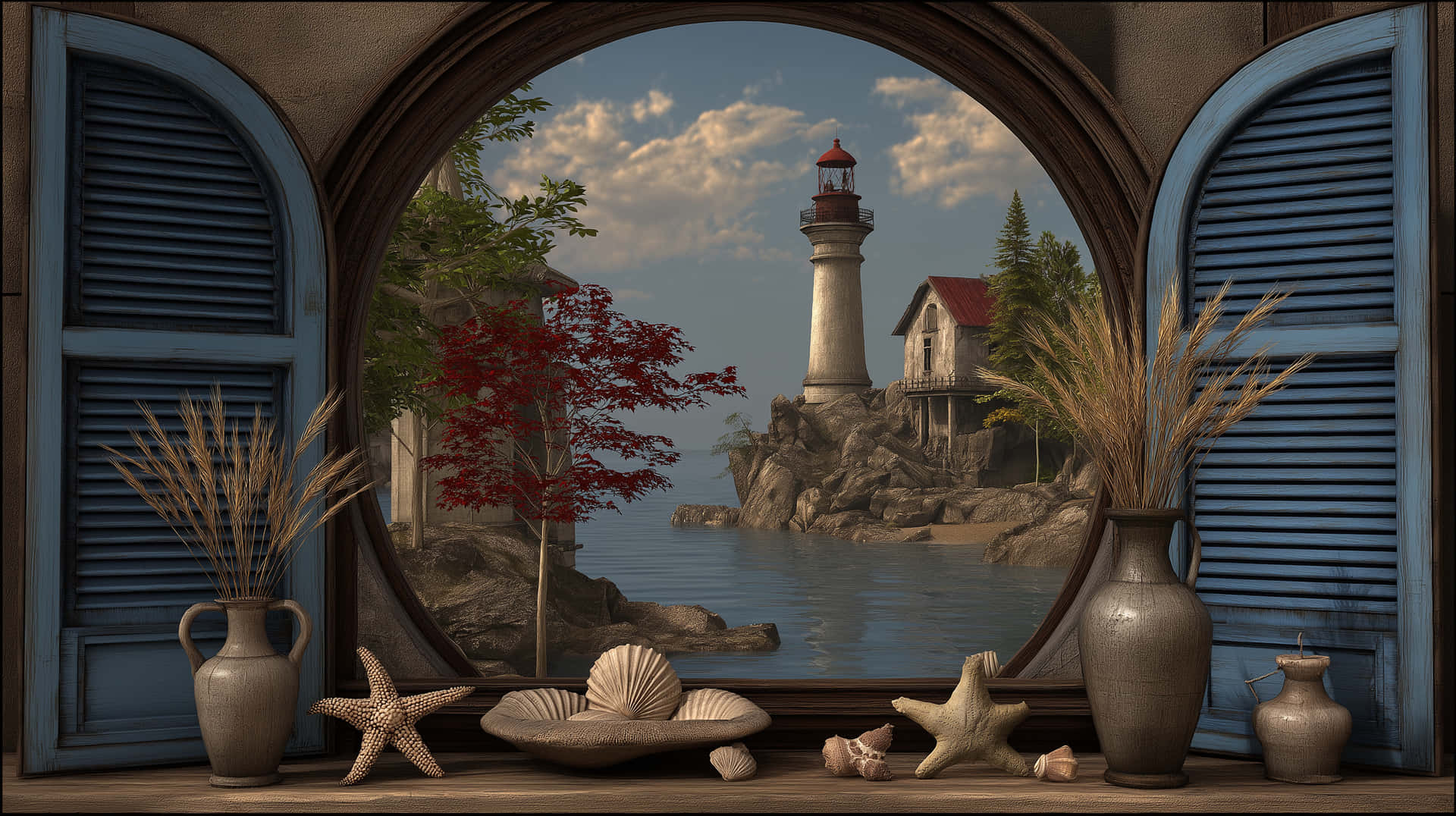 Coastal Vista Through Arched Window with Decorative Elements 壁紙 — 透過拱形藍色百葉窗看到的景色顯示了岩石海岸上的燈塔、紅樹和寧靜的大海。