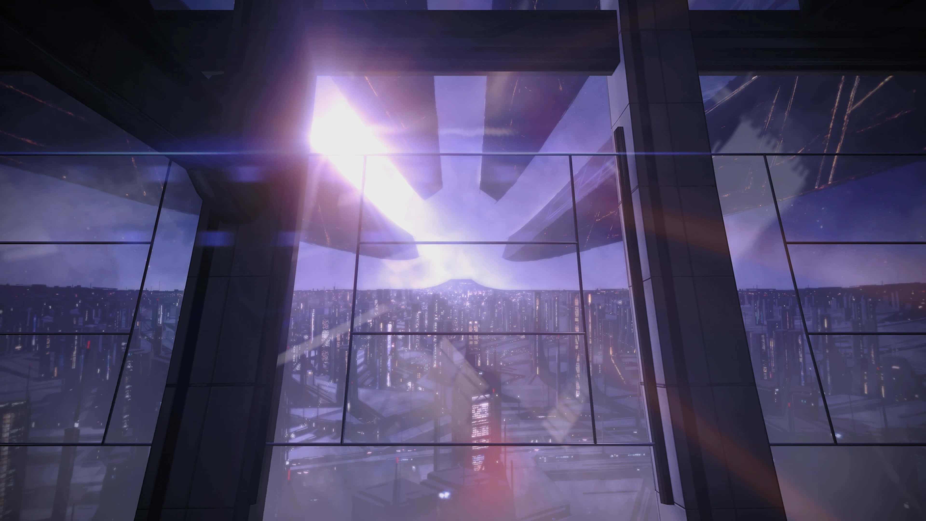 Mass Effect Citadel 桌布 壁紙 — 透過玻璃摩天大樓在黃昏時分看到的未來城市景觀，帶有發光的燈光和絢麗的紫色天空。