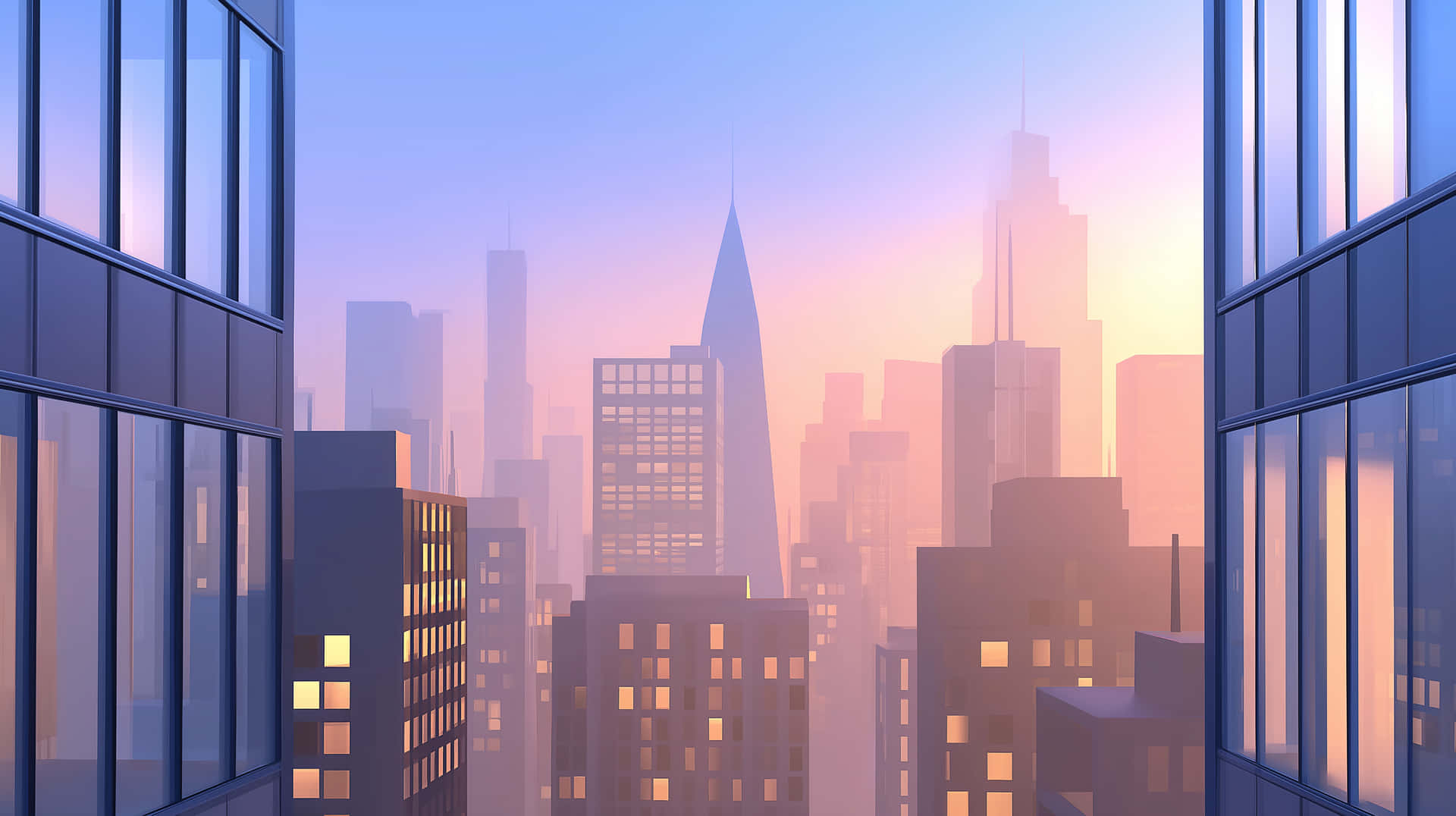 Urban Skyline at Sunrise, City Towers in Haze 壁紙 — 透過玻璃窗看到的黎明時分寧靜的城市景觀，柔和的粉紅色和藍色色調照亮了摩天大樓和發光的窗戶。
