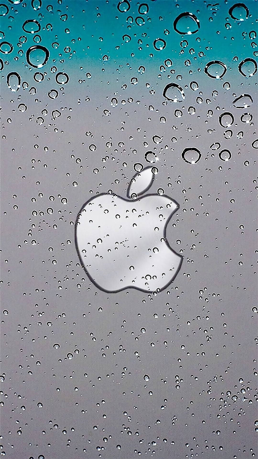 透過玻璃上的水滴觀看Apple標誌，帶有青綠色和灰色漸變。 — 蘋果標誌 GIF 壁紙