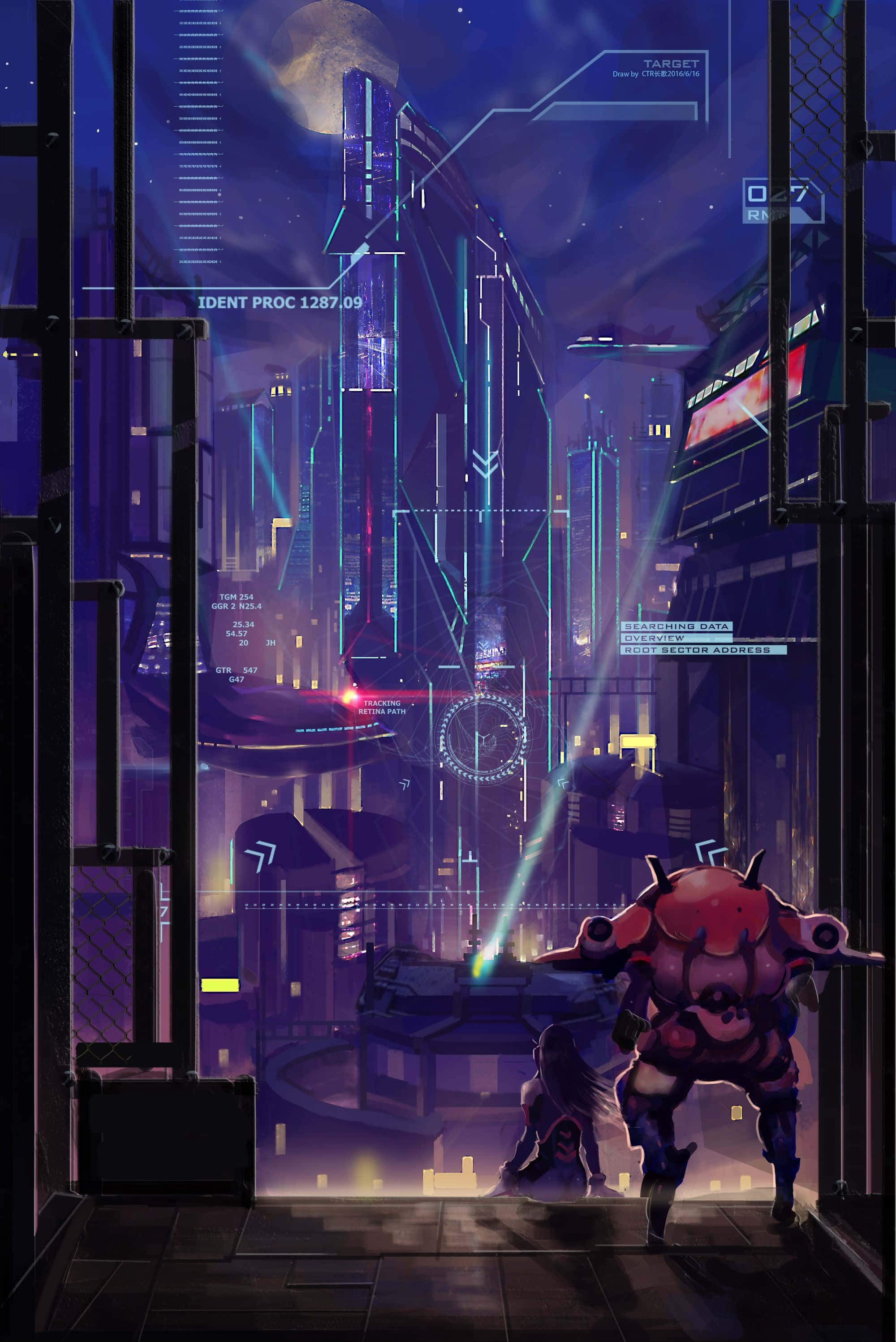 Aesthetic Overwatch 桌布 壁紙 — 透過窗戶看到的未來城市夜景，帶有紅色裝甲人物和全息介面疊加。