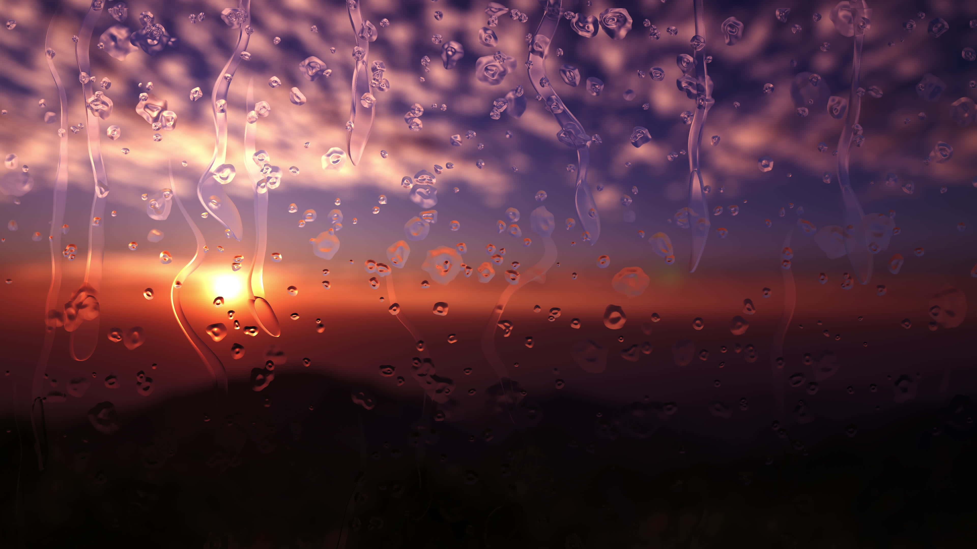 下雨 桌布 壁紙 — 透過被雨水打濕的窗戶觀賞日落，水滴扭曲了溫暖的橙色和紫色天空。