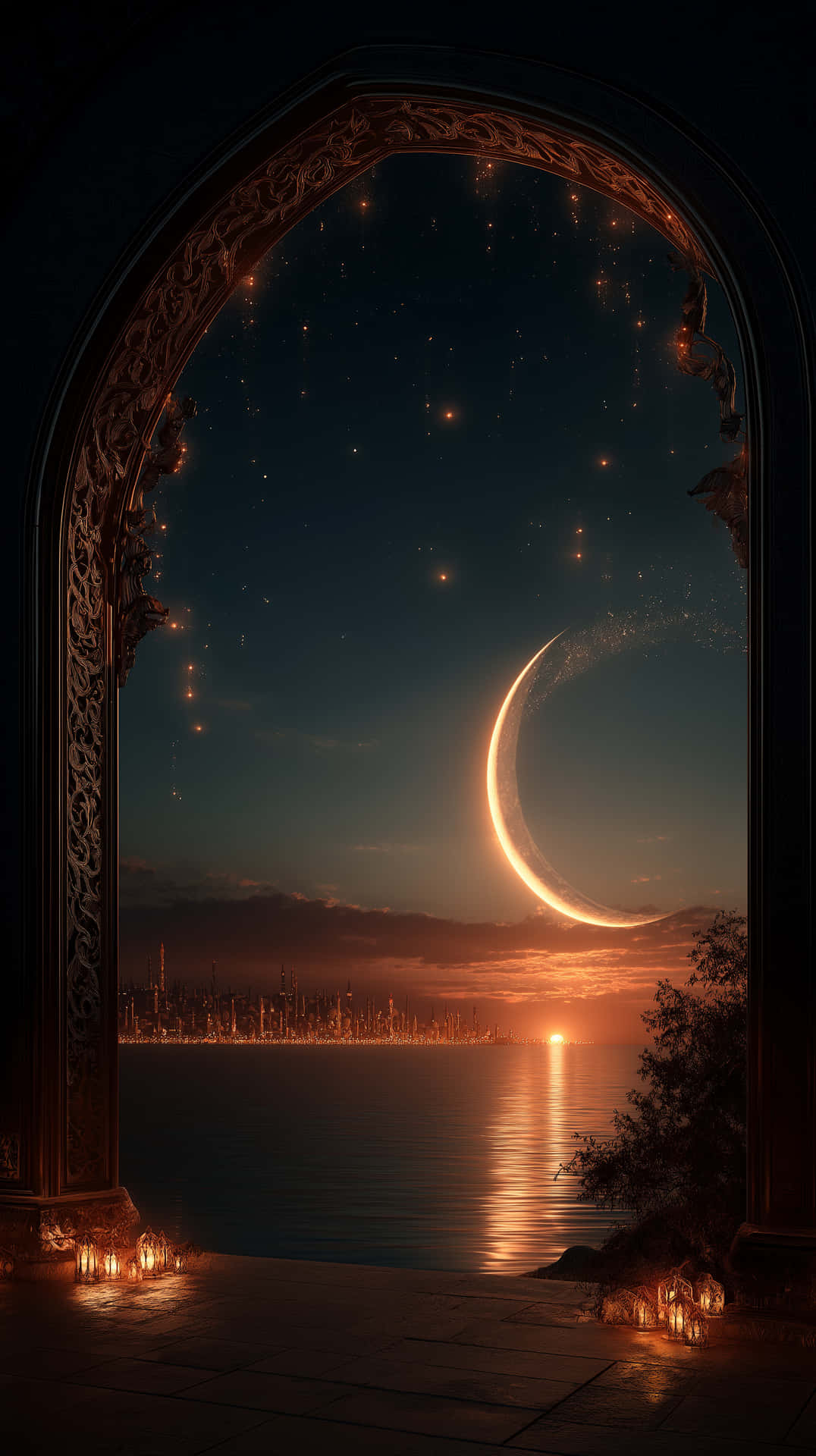 Ornate Arch Overlooking Glowing Ocean and City Horizon 壁紙 — 通過華麗的拱形門口，蠟燭閃耀，一輪發光的彎月懸掛在城市天際線上，在星空暮色下平靜的水面上倒映。