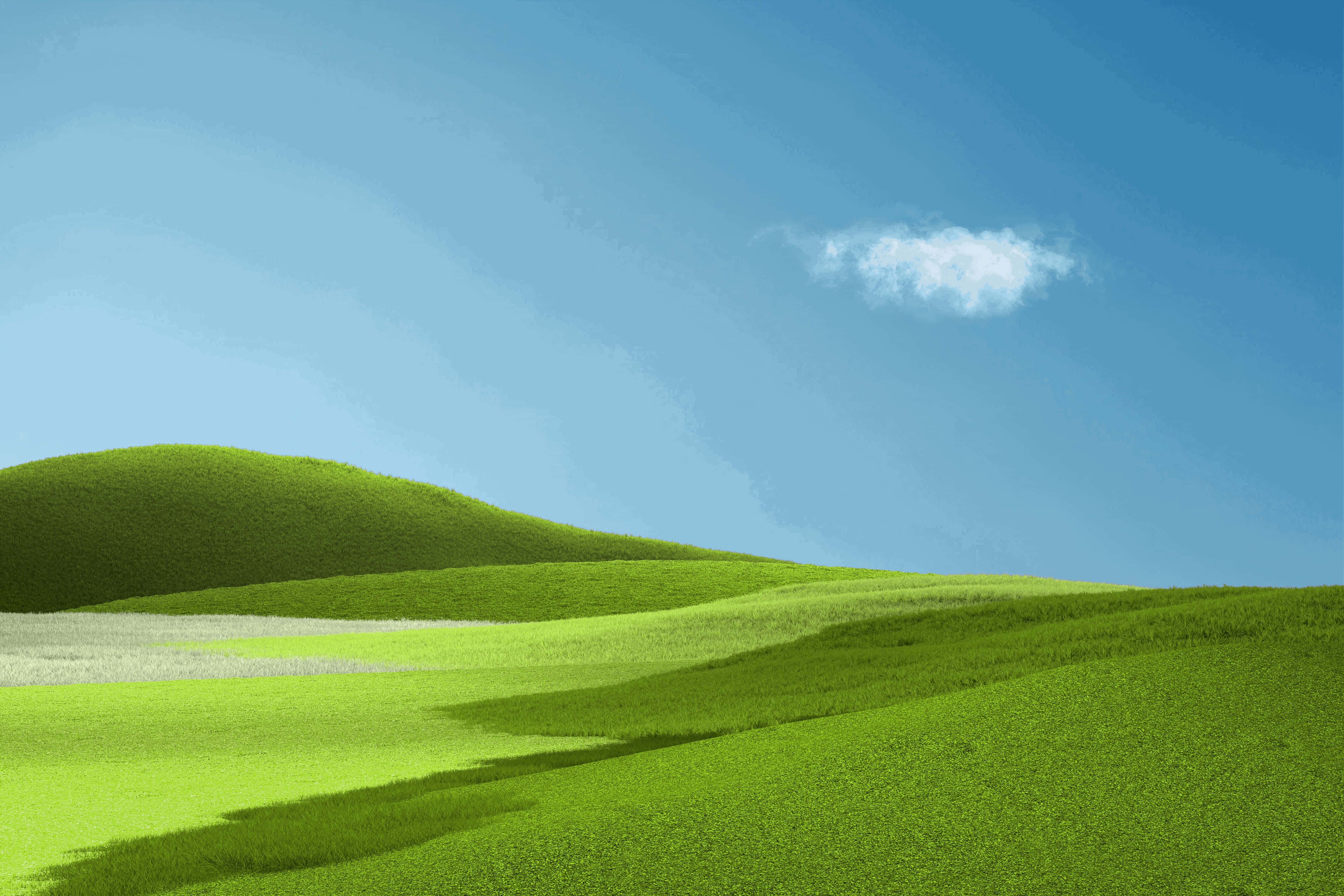 風景 桌布 壁紙 — 連綿起伏的綠色山丘在清澈的藍天下延伸，一朵蓬鬆的白雲飄浮在上方。