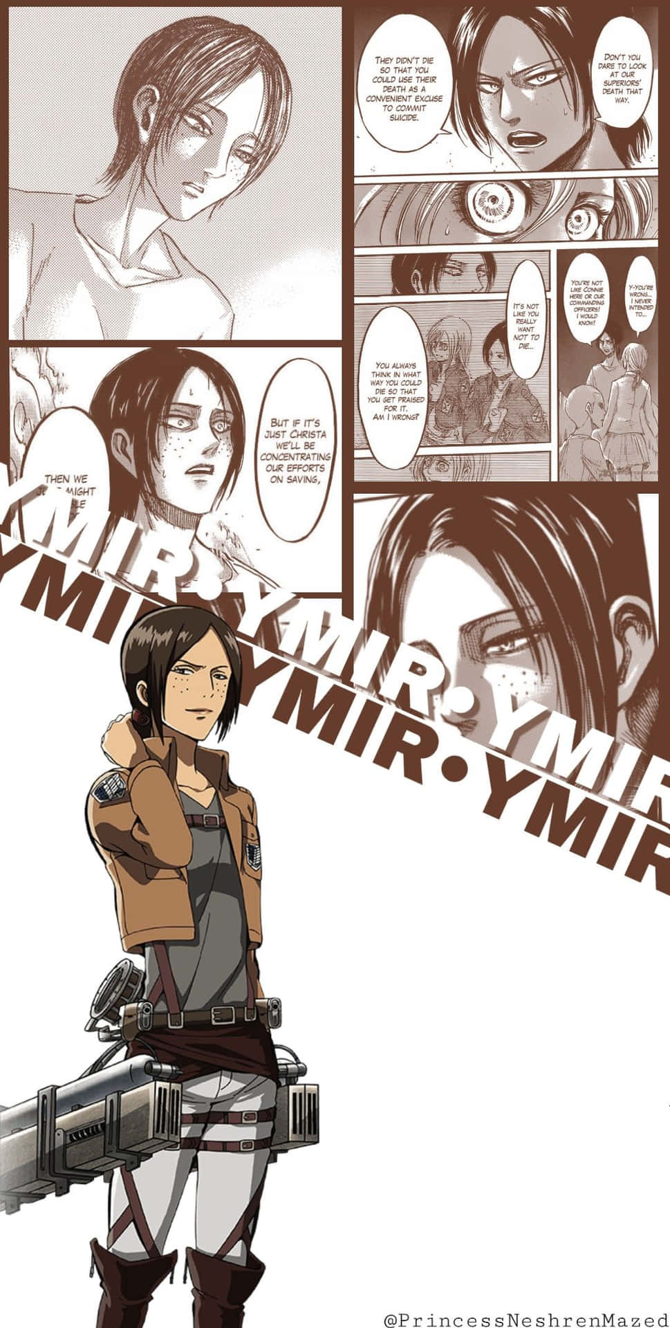 Ymir 桌布 壁紙 — 《進擊的巨人》中的動畫角色米卡莎·阿卡曼自信地站立，配備立體機動裝置，周圍是展示激烈對話的漫畫面板。