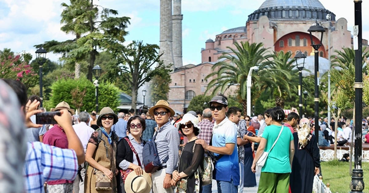 伊斯坦堡 桌布 壁紙 — 遊客在晴朗藍天和棕櫚樹下，於歷史悠久的聖索菲亞大教堂前拍照留念。