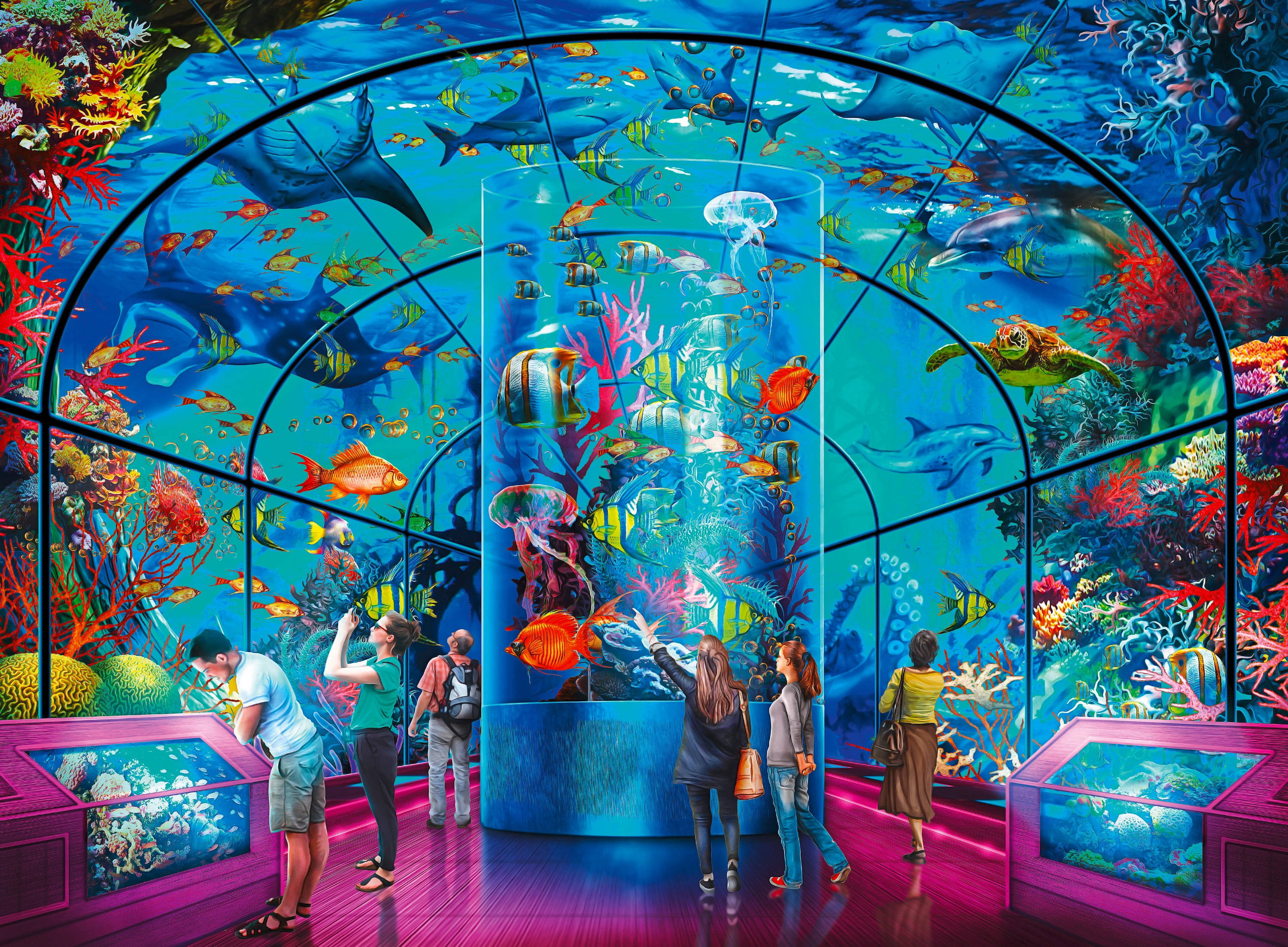 Aquarium 桌布 壁紙 — 遊客探索一個充滿色彩繽紛的魚類、珊瑚和海洋生物的水族館水下隧道。
