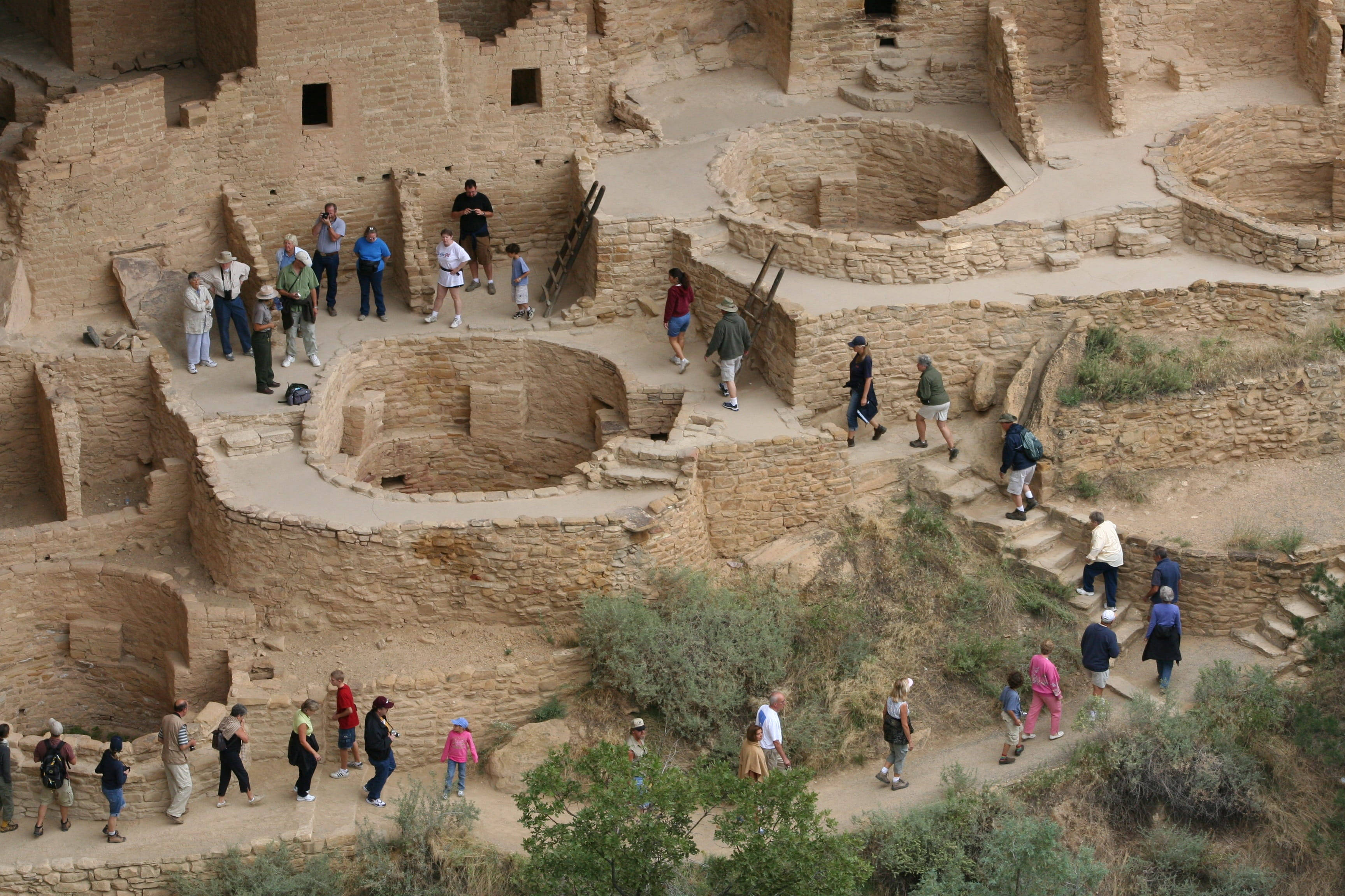 Mesa Verde 桌布 壁紙 — 遊客探索雕刻在陽光烘烤的砂岩懸崖上的古老懸崖住所，設有圓形基瓦和石徑。