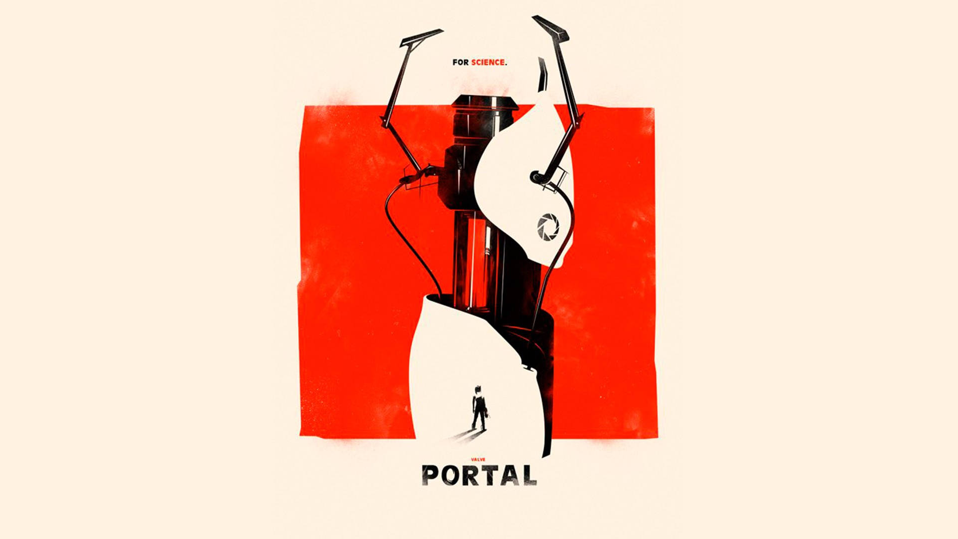 傳送門 桌布 壁紙 — 遊戲《Portal》的風格化海報，展示一個巨大的測試室，一個小人站在PORTAL字樣下方。