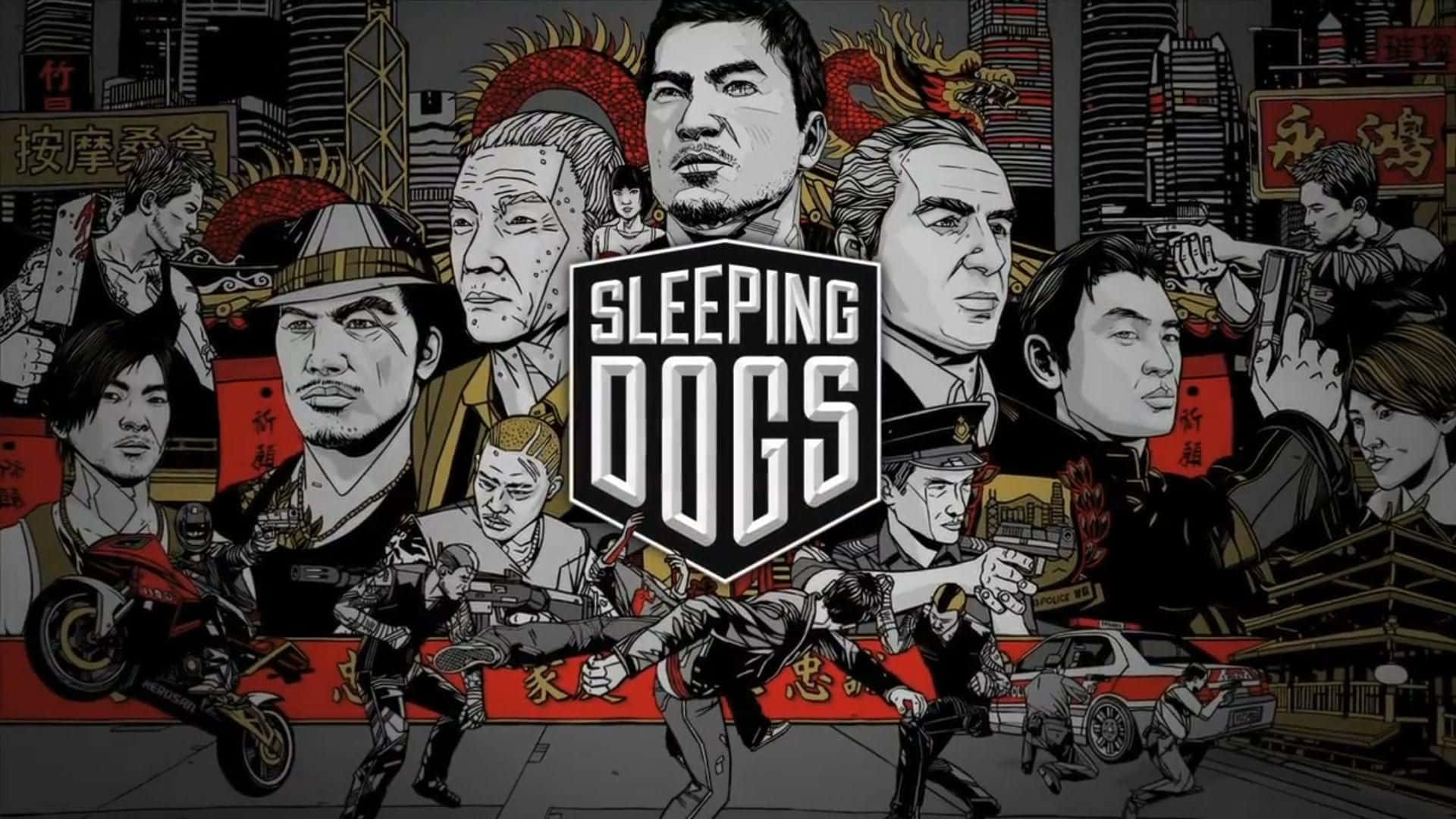 電玩遊戲 桌布 壁紙 — 遊戲《Sleeping Dogs》中角色和動作場景的粗糙插圖拼貼，設置在密集的城市環境中。