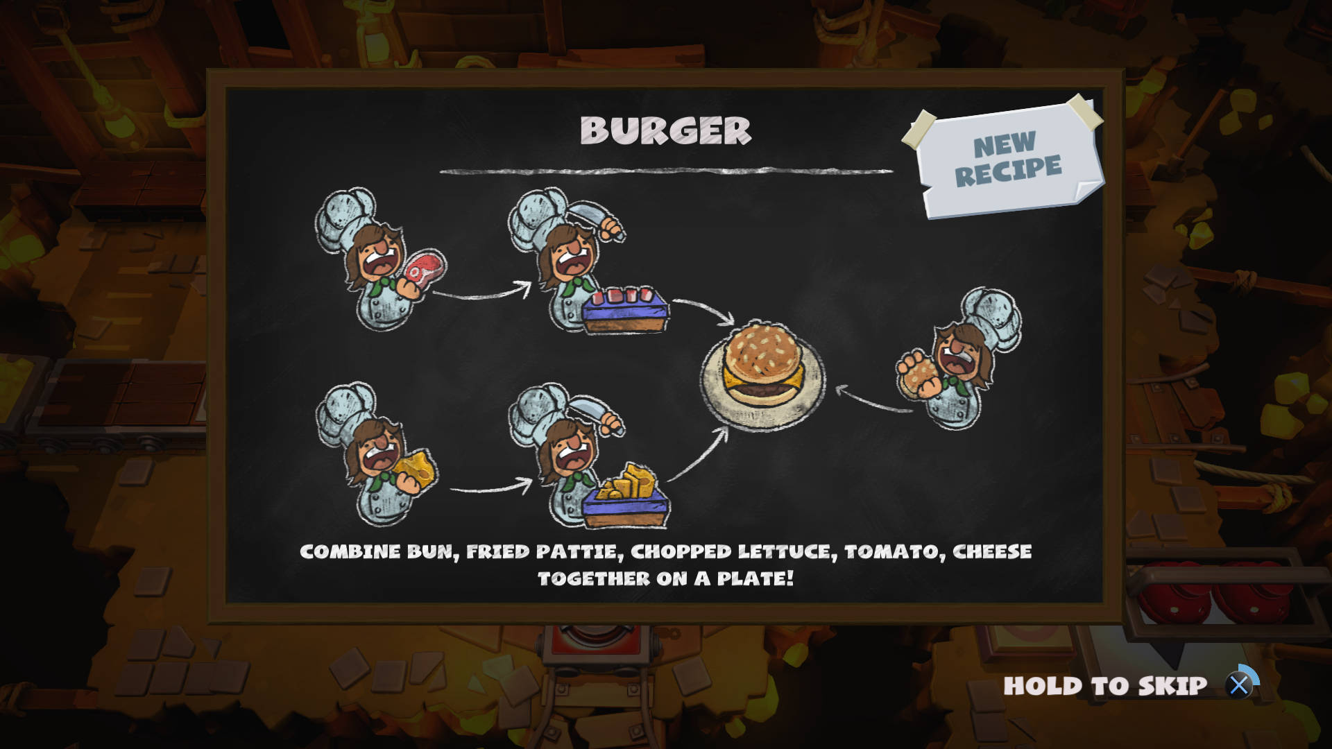 Overcooked 桌布 壁紙 — 遊戲中的黑板顯示卡通廚師正在用下列食材組裝漢堡。