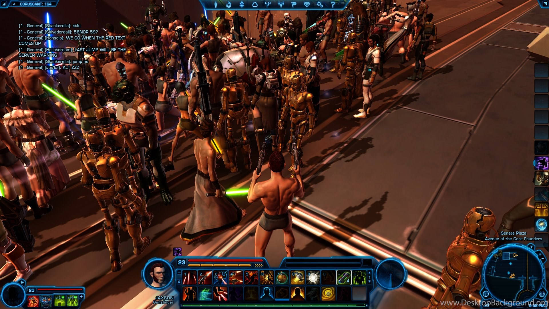 Swtor 桌布 壁紙 — 遊戲介面中擠滿了裝甲戰士和發光武器的科幻街景。